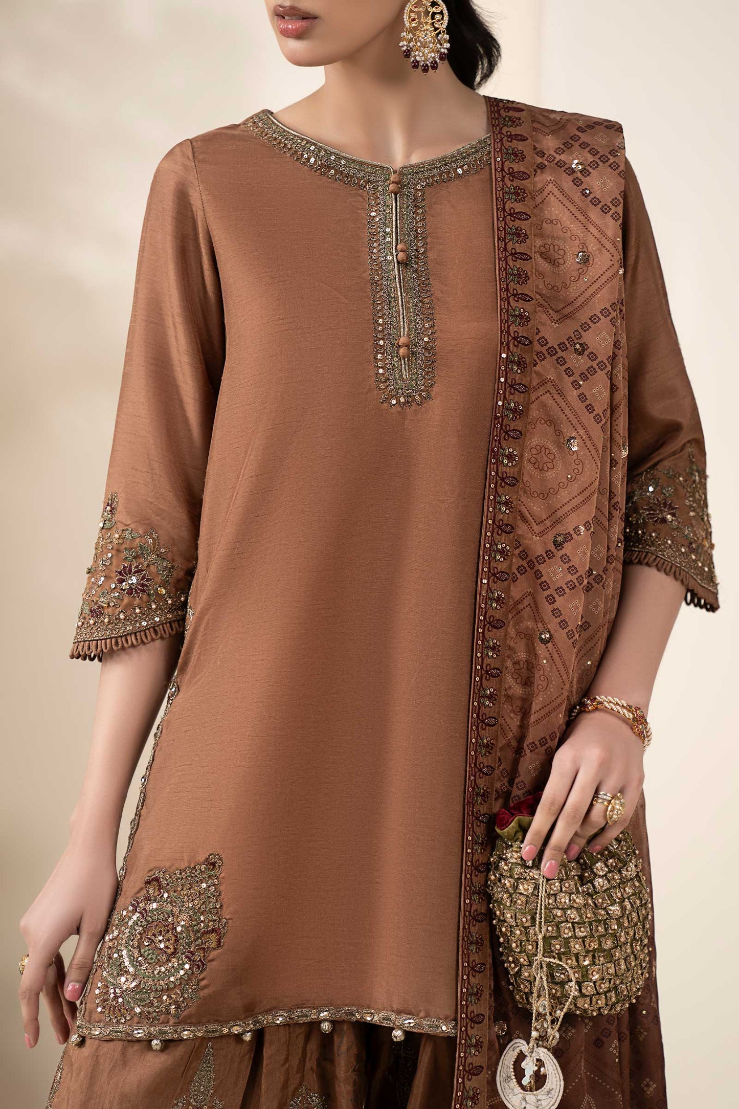 3 Piece Embroidered Raw Silk Suit