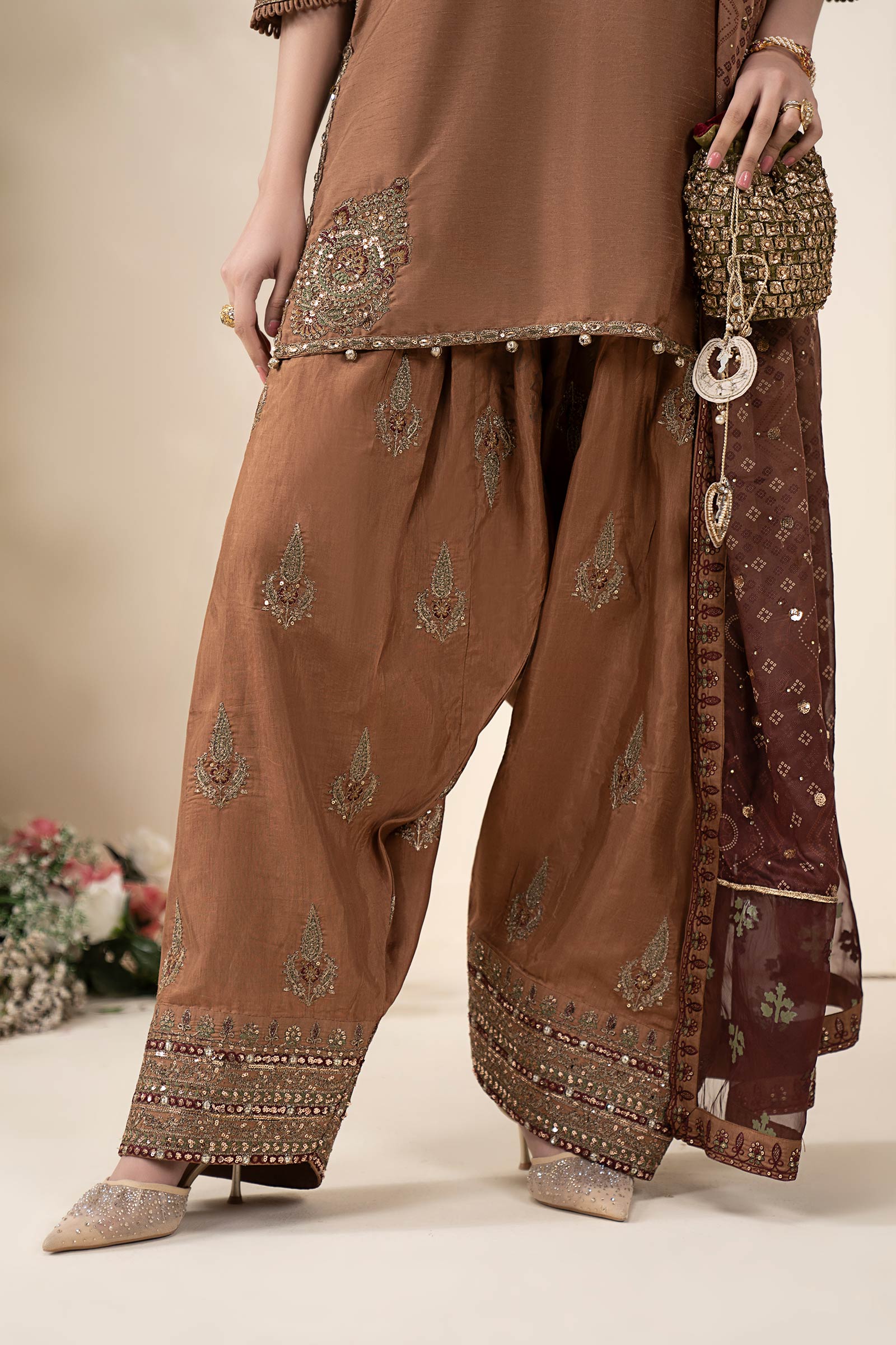 3 Piece Embroidered Raw Silk Suit