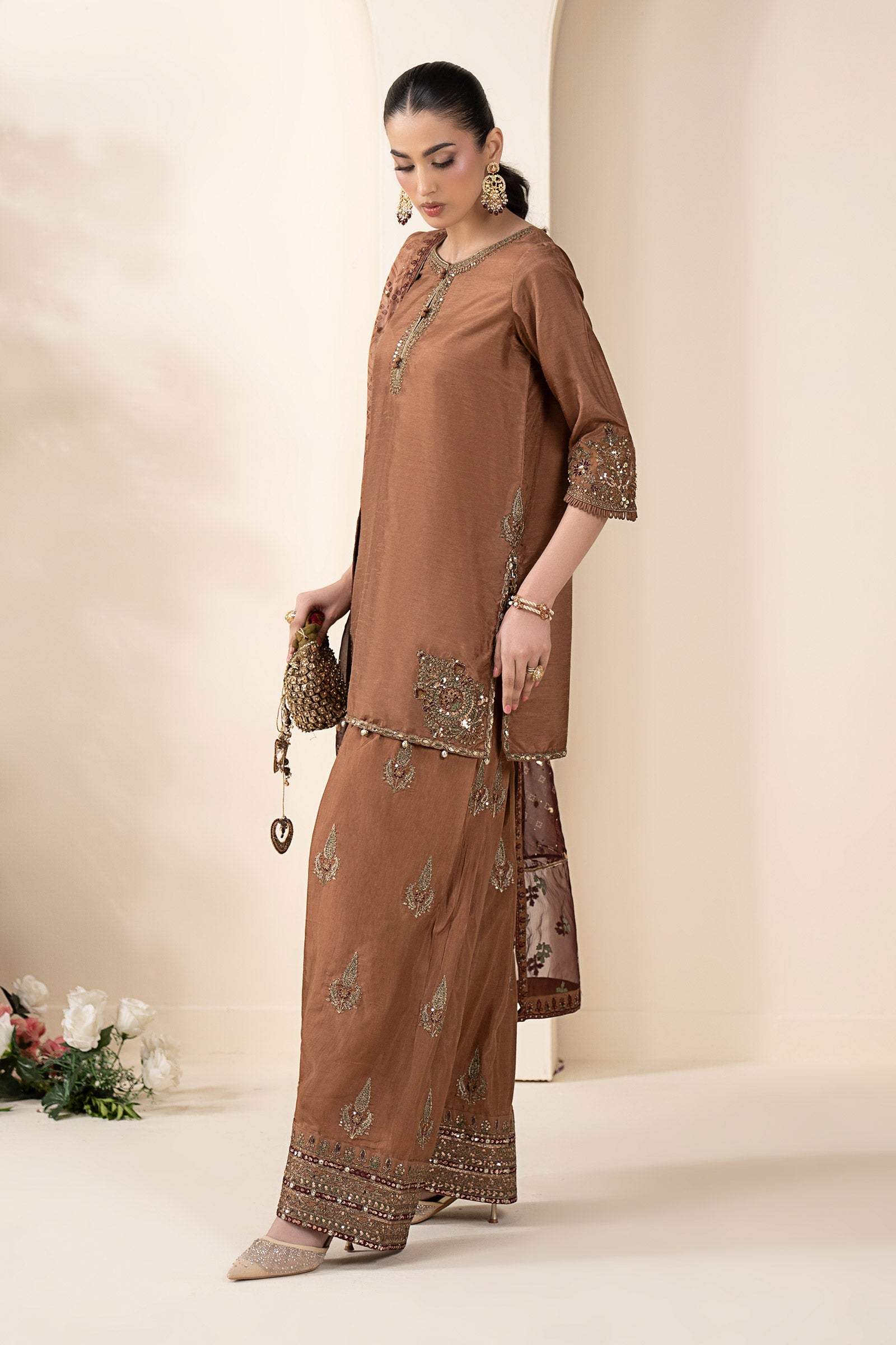 3 Piece Embroidered Raw Silk Suit