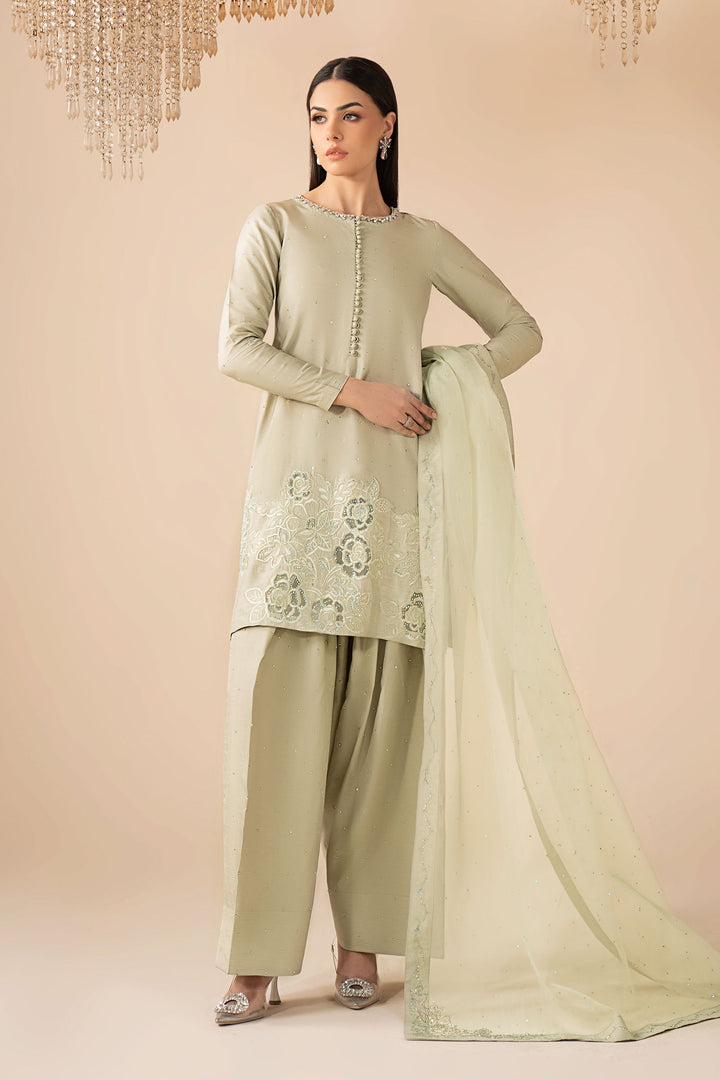 3 Piece Embellished Raw Silk Suit All Products SFP2516-ESM-GRN