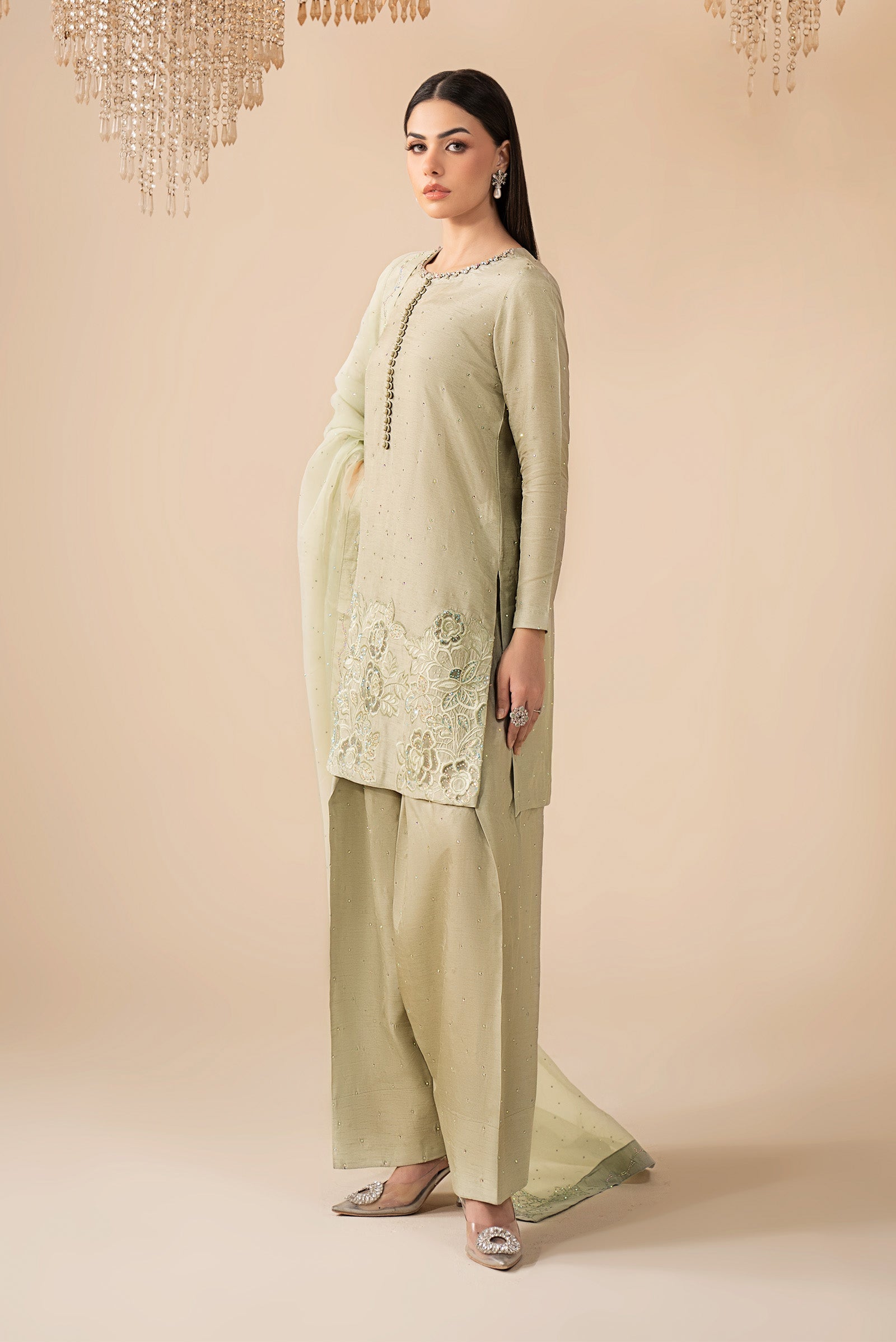 3 Piece Embellished Raw Silk Suit