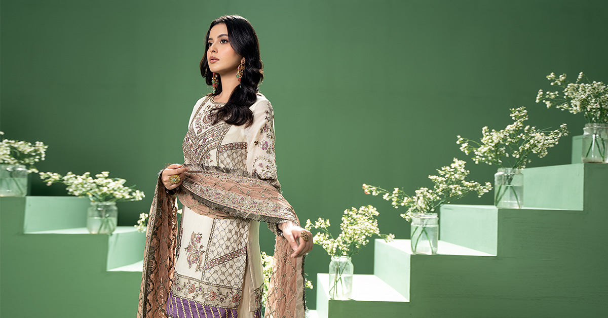 3 Piece Embroidered Silk Cotton Net Suit