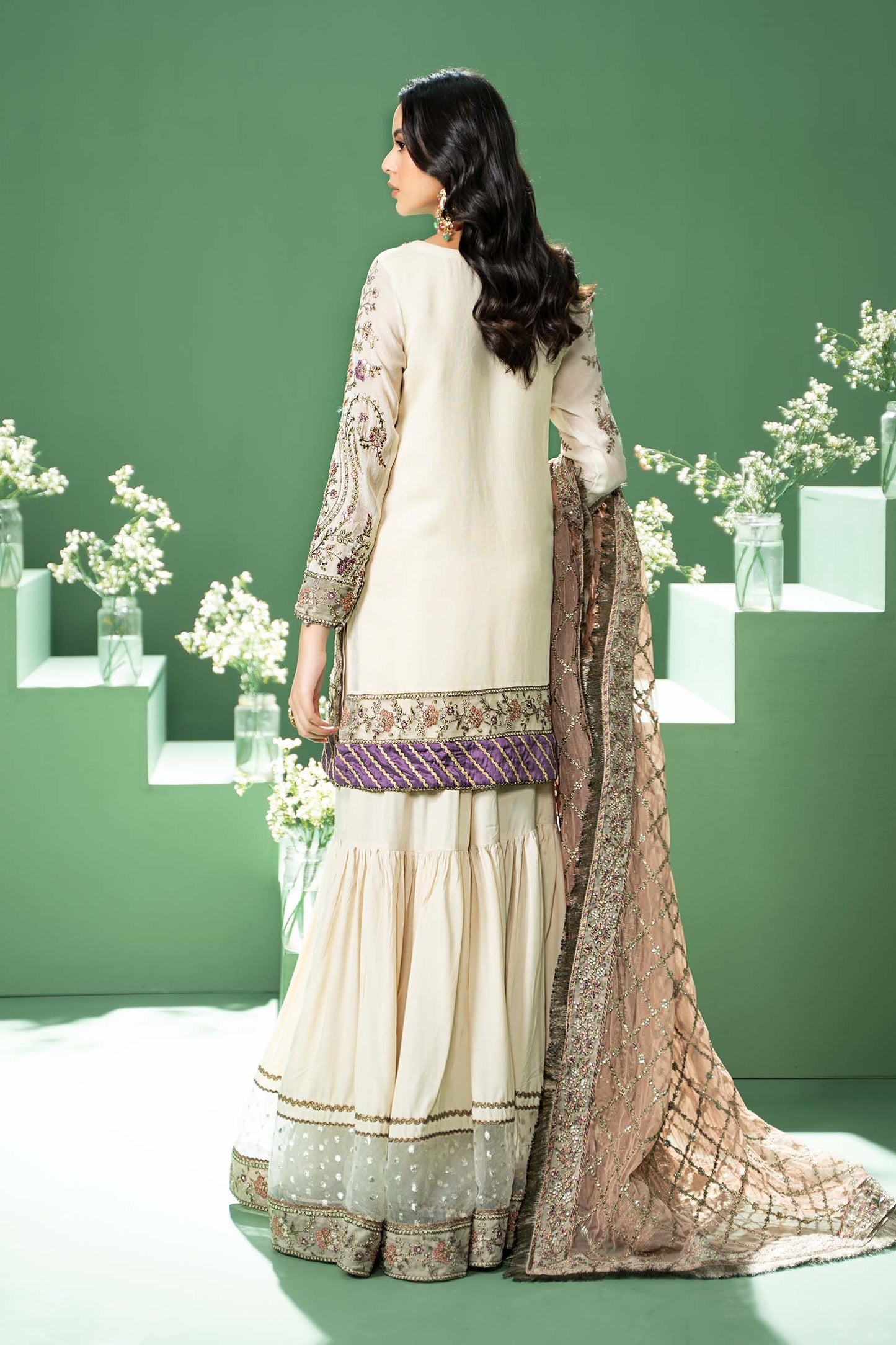 3 Piece Embroidered Silk Cotton Net Suit