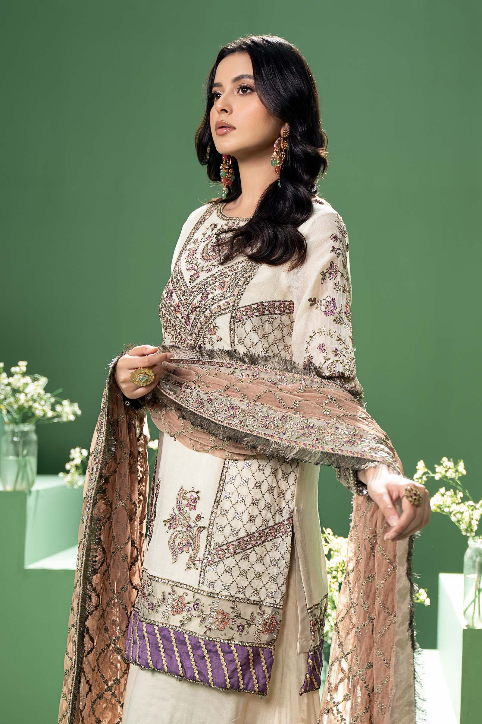 3 Piece Embroidered Silk Cotton Net Suit