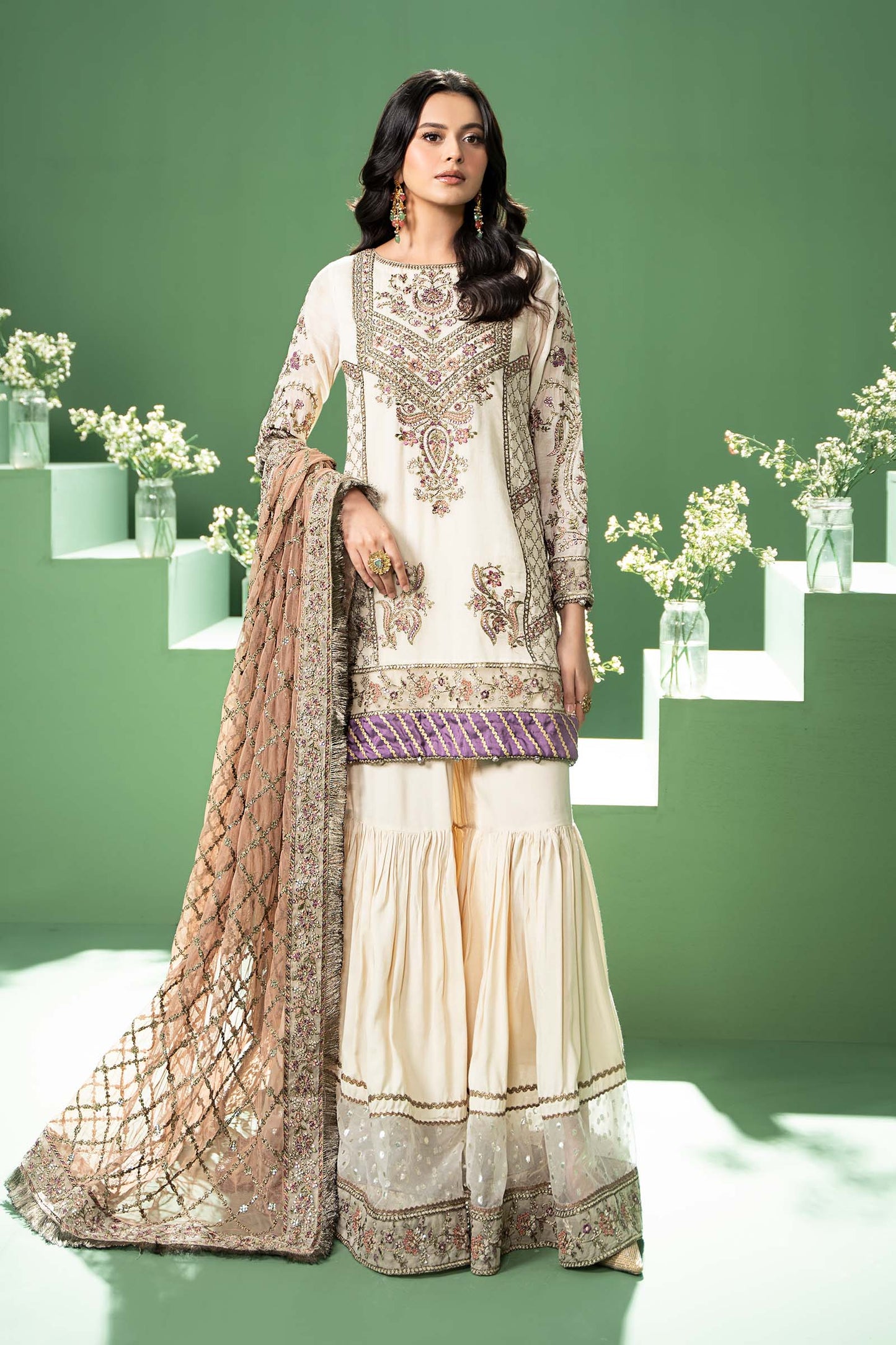 3 Piece Embroidered Silk Cotton Net Suit