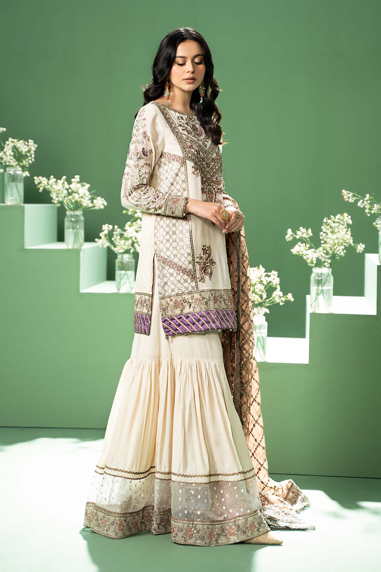 3 Piece Embroidered Silk Cotton Net Suit