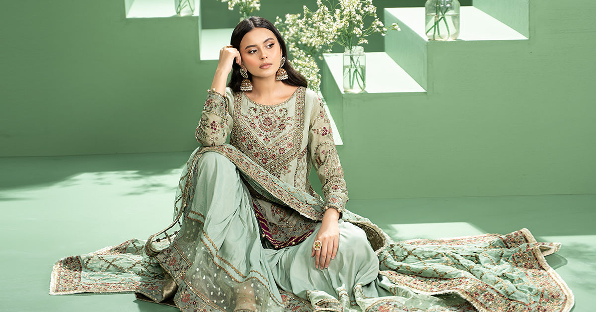 3 Piece Embroidered Silk Cotton Net Suit
