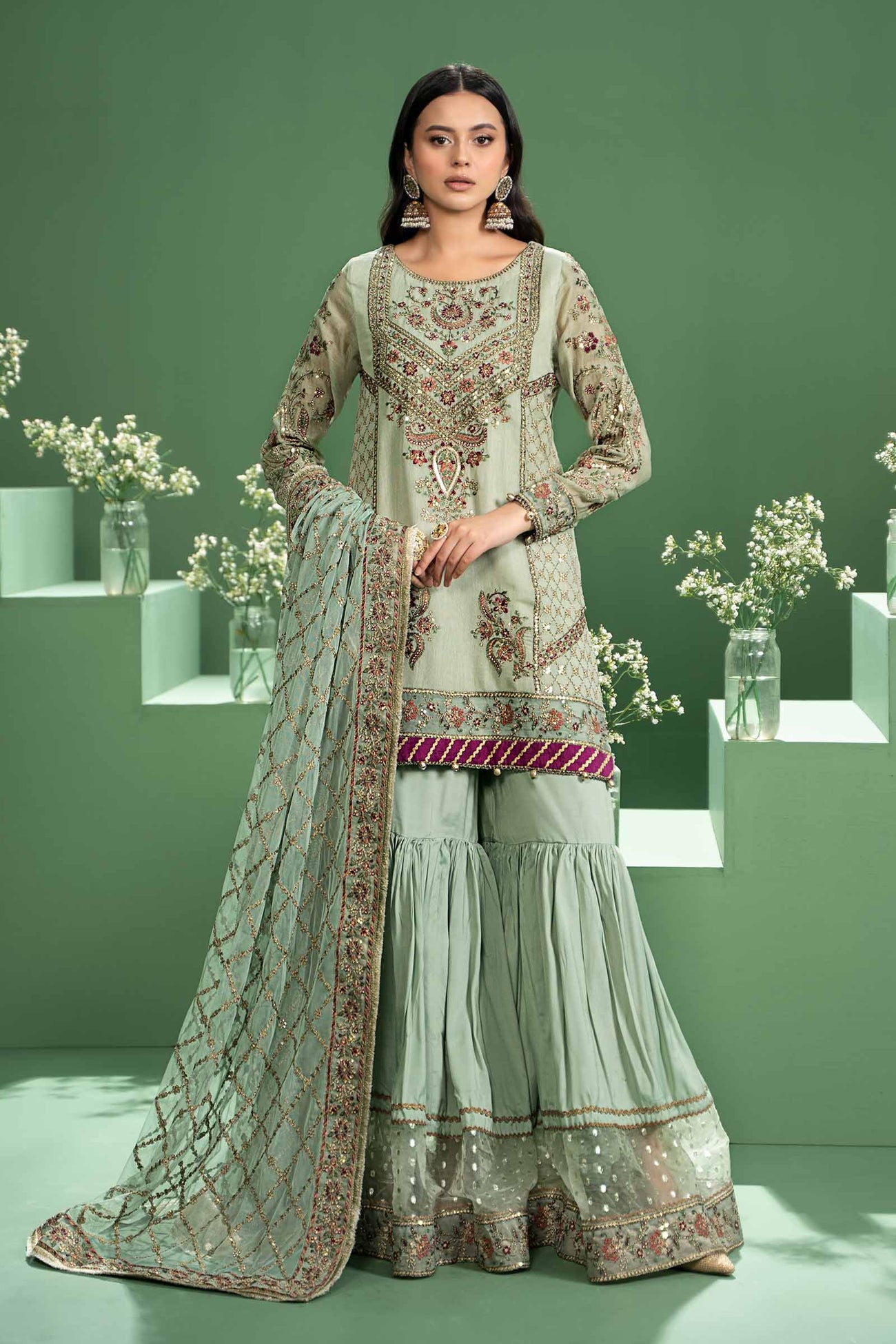 3 Piece Embroidered Silk Cotton Net Suit
