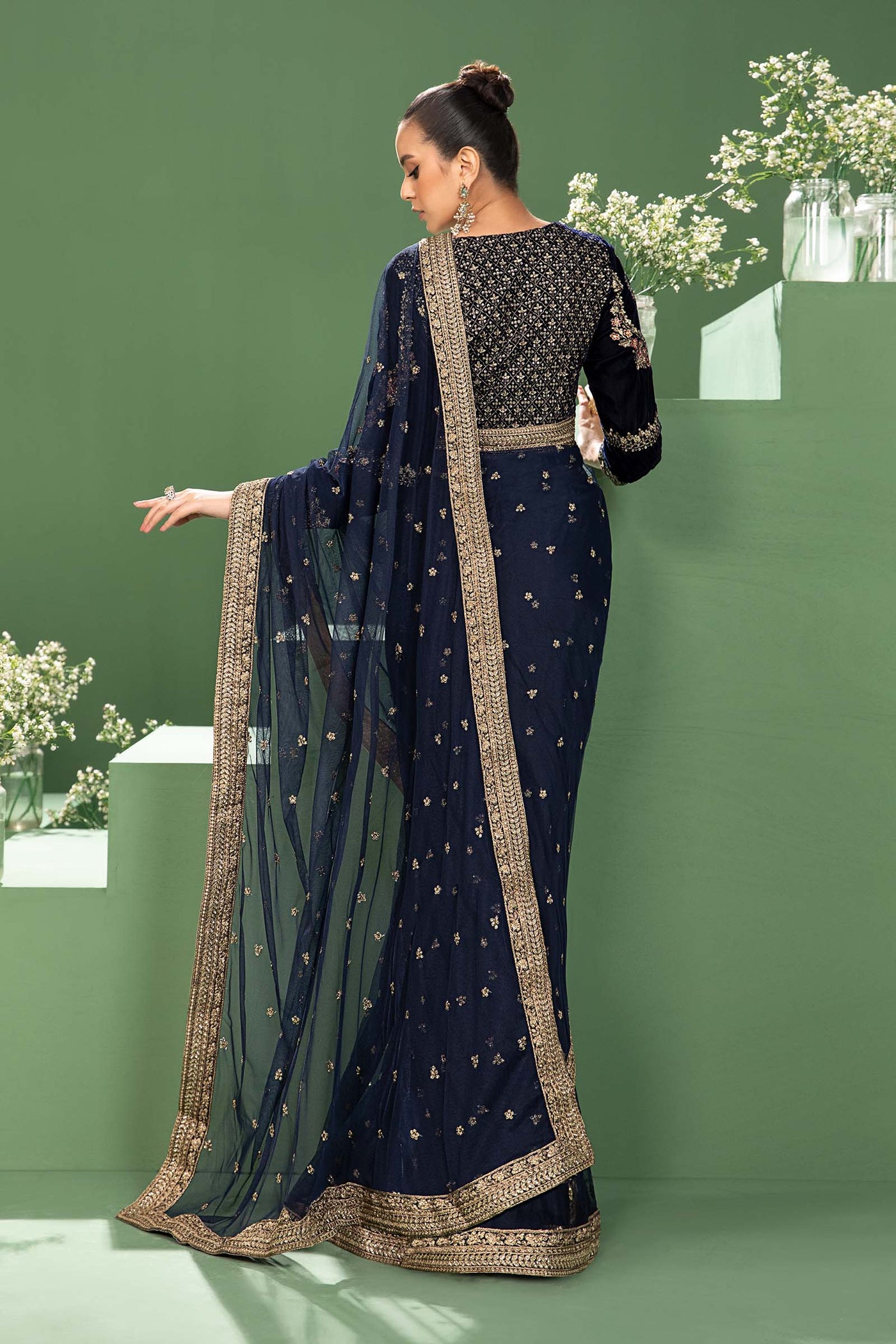 3 Piece Embroidered Net Saree