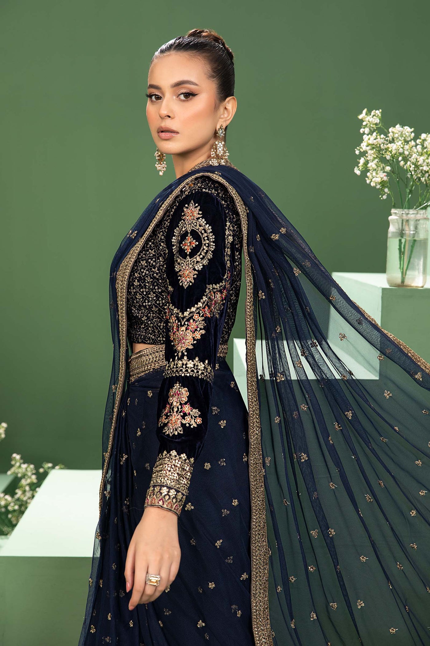 3 Piece Embroidered Net Saree