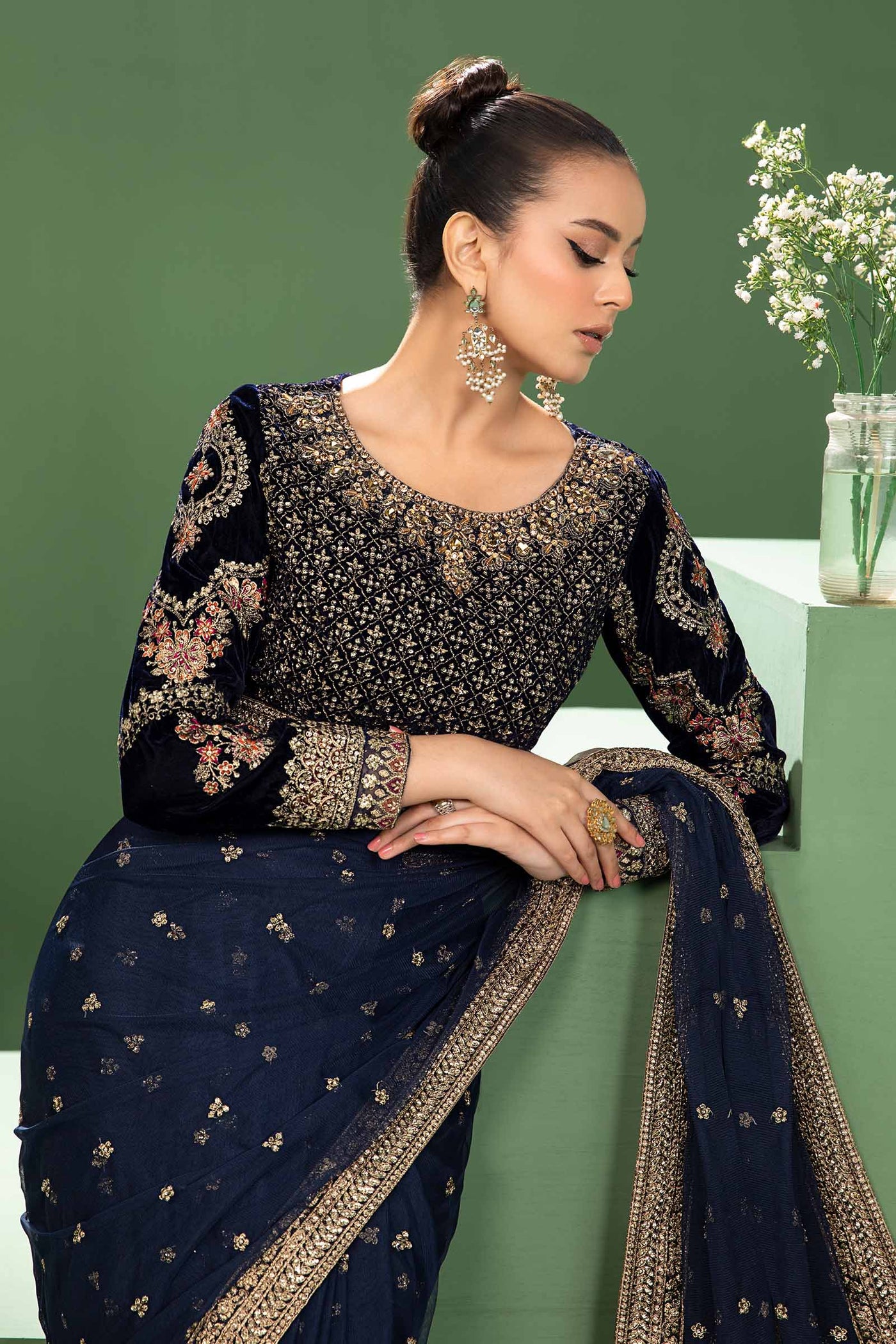 3 Piece Embroidered Net Saree