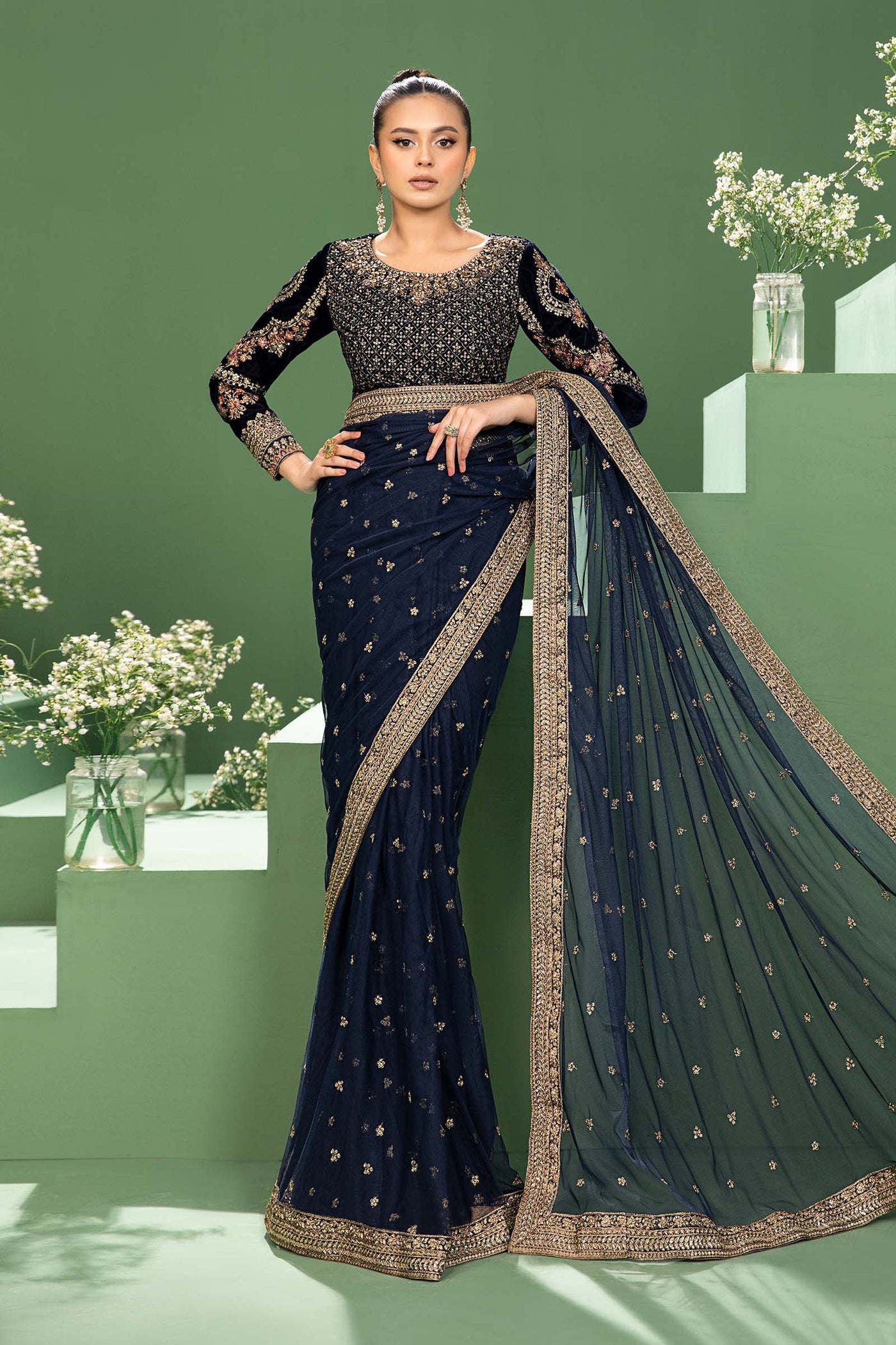 3 Piece Embroidered Net Saree