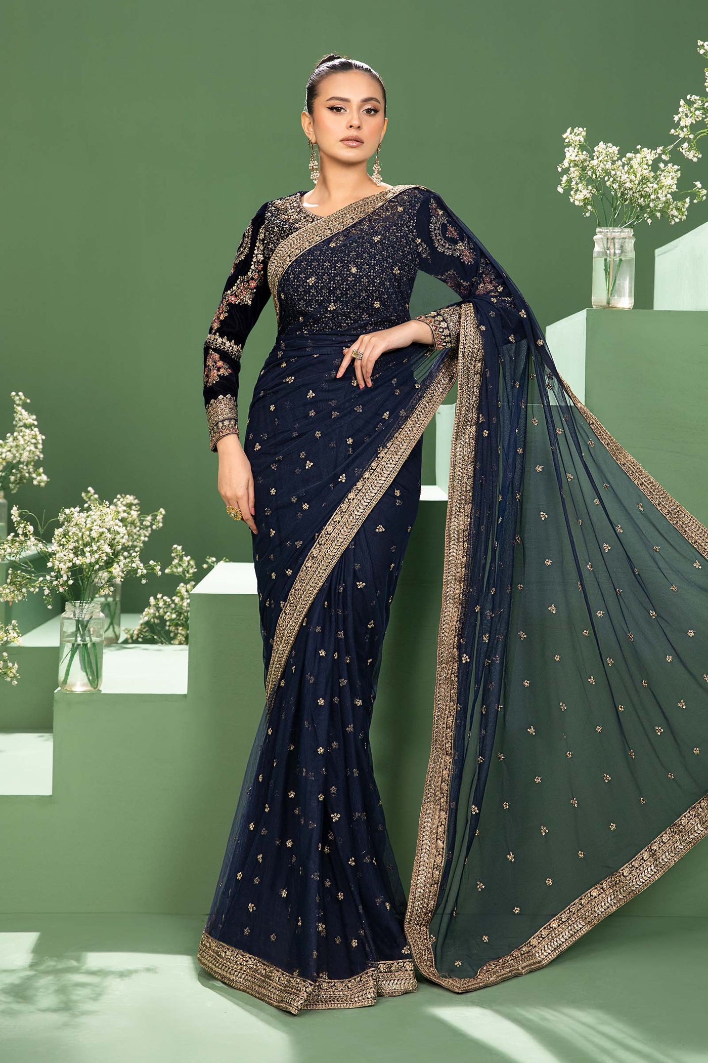 3 Piece Embroidered Net Saree