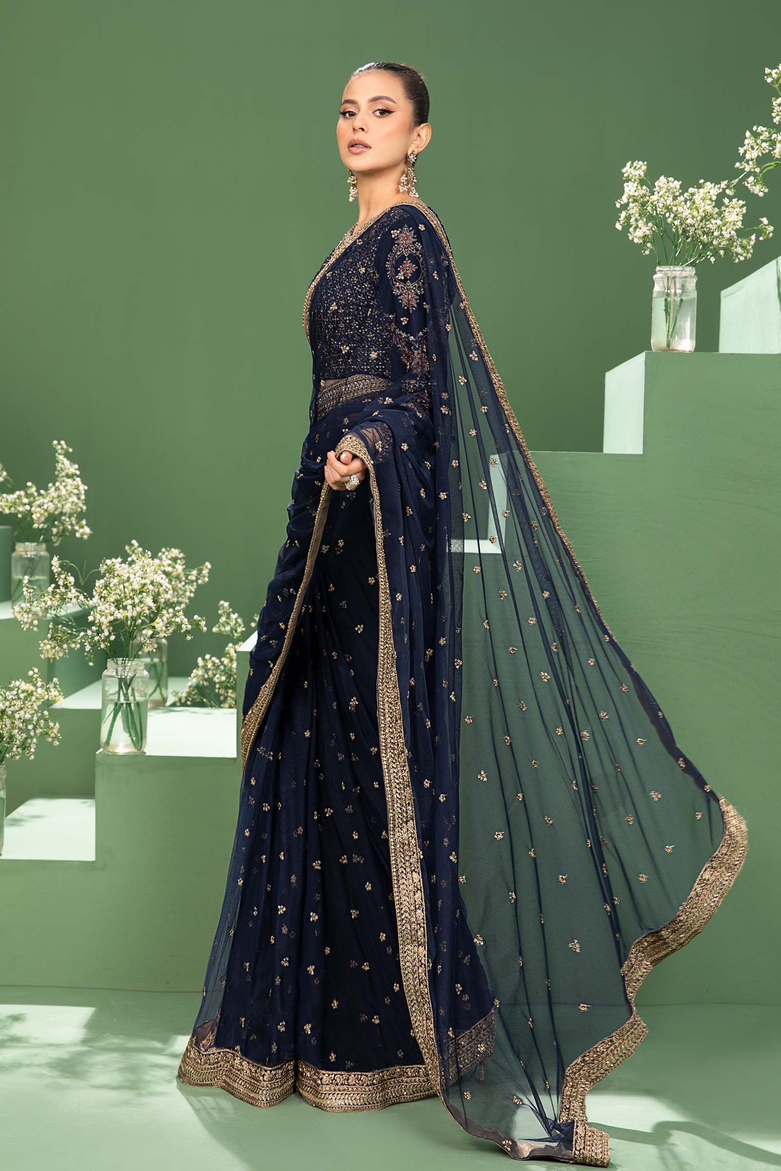 3 Piece Embroidered Net Saree