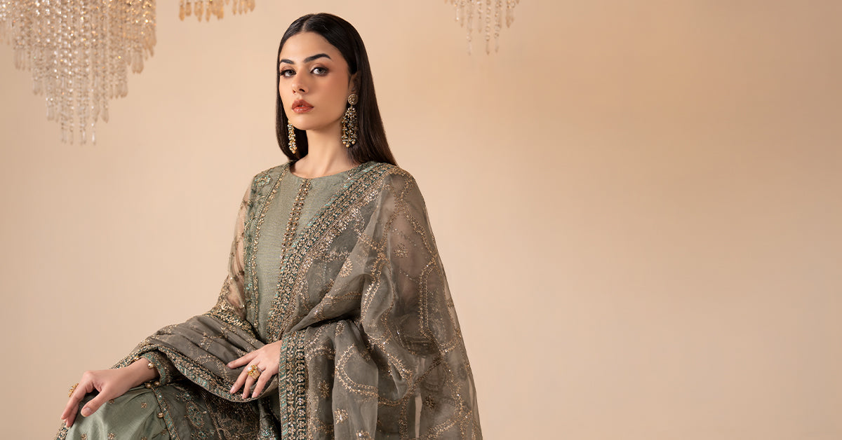 3 Piece Embroidered Zari Net Suit