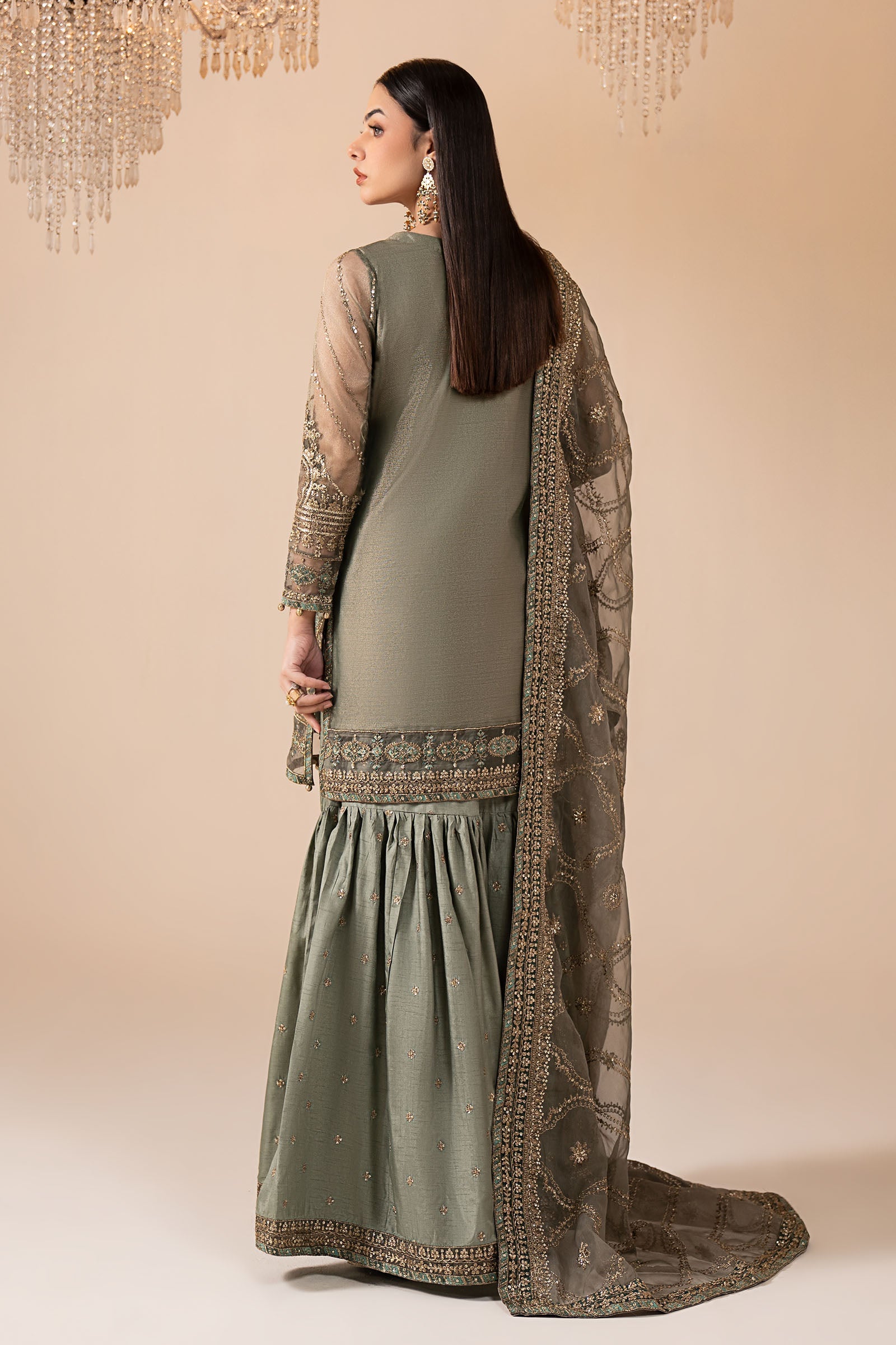 3 Piece Embroidered Zari Net Suit