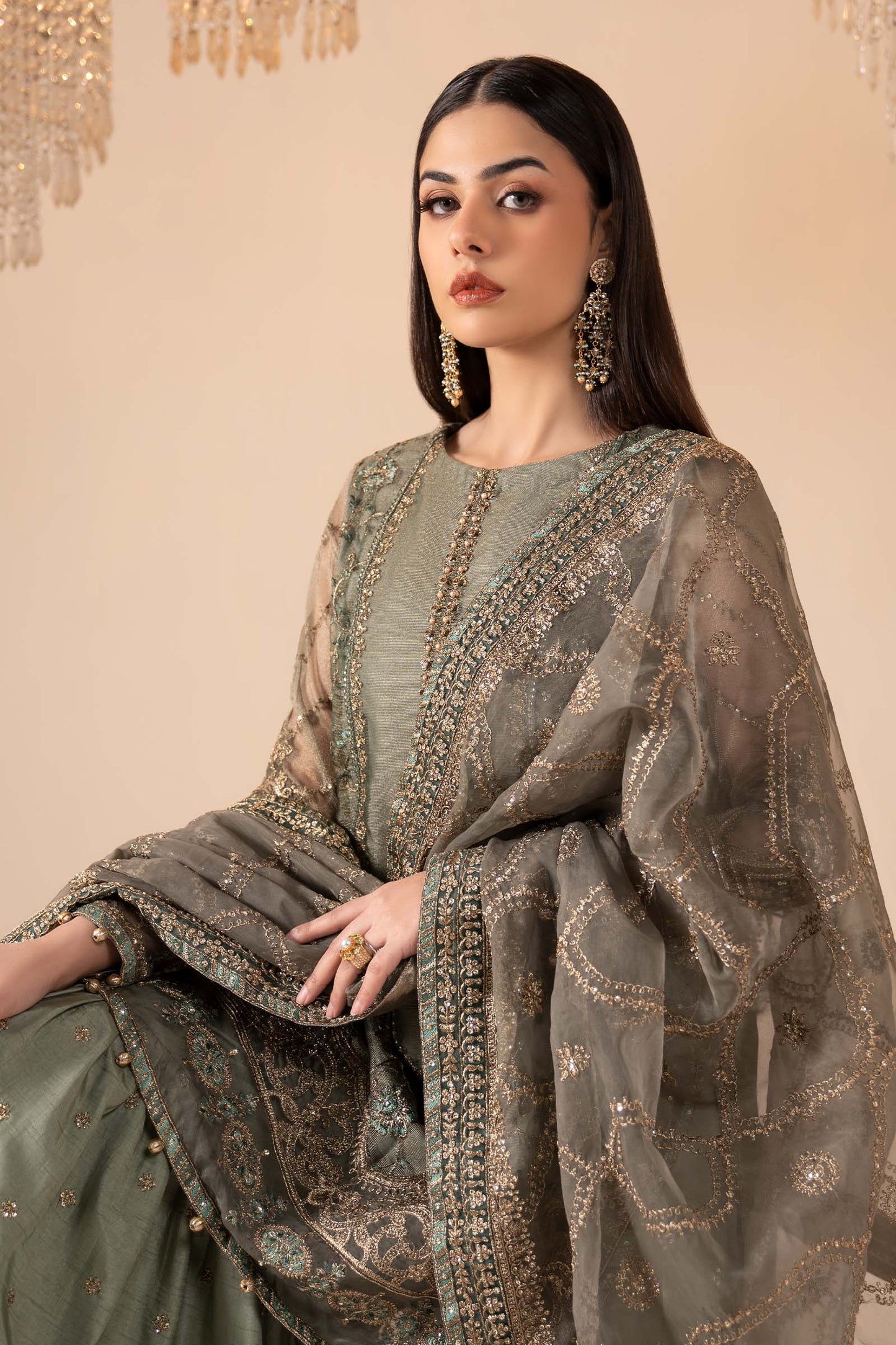 3 Piece Embroidered Zari Net Suit