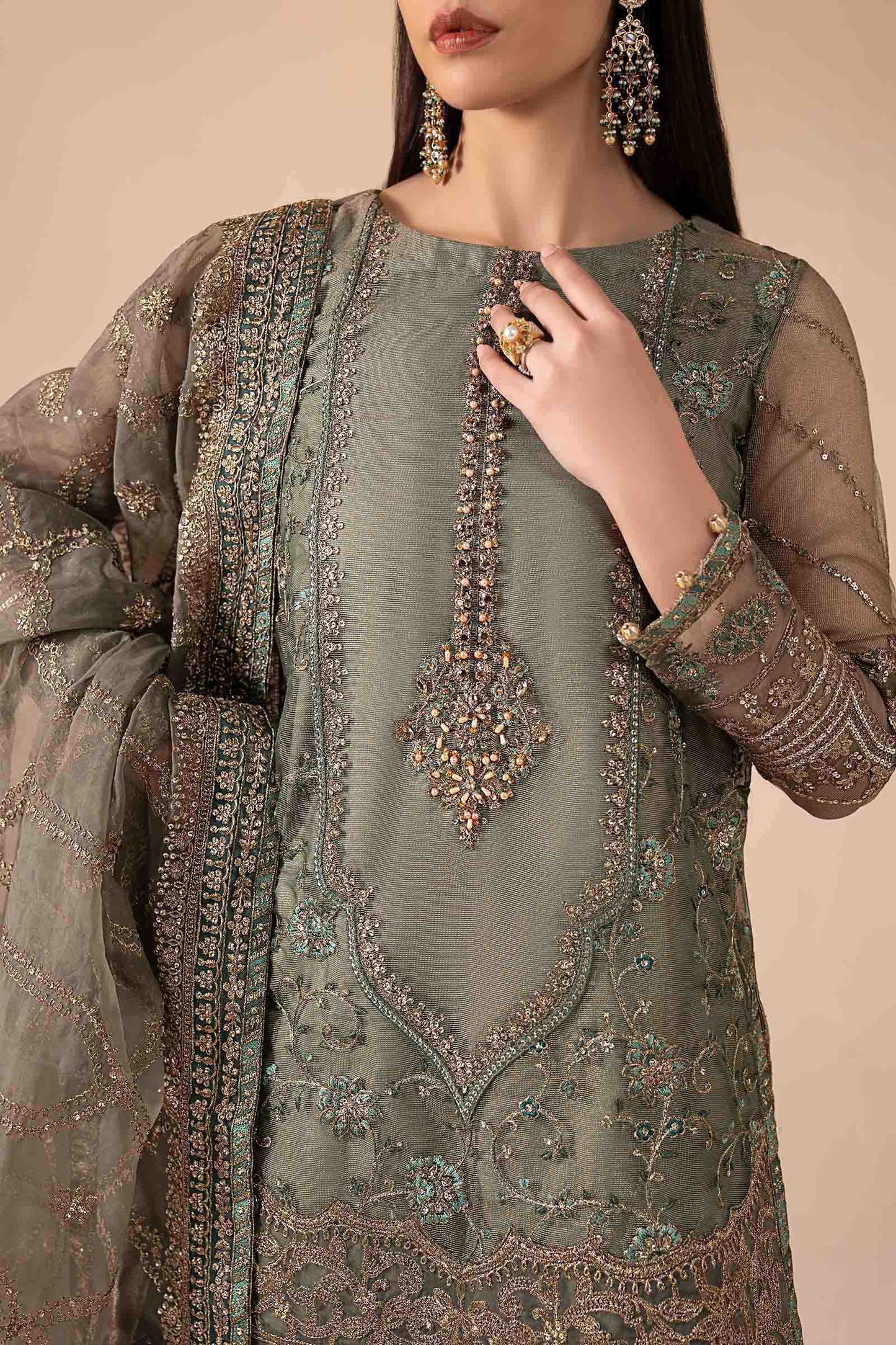 3 Piece Embroidered Zari Net Suit