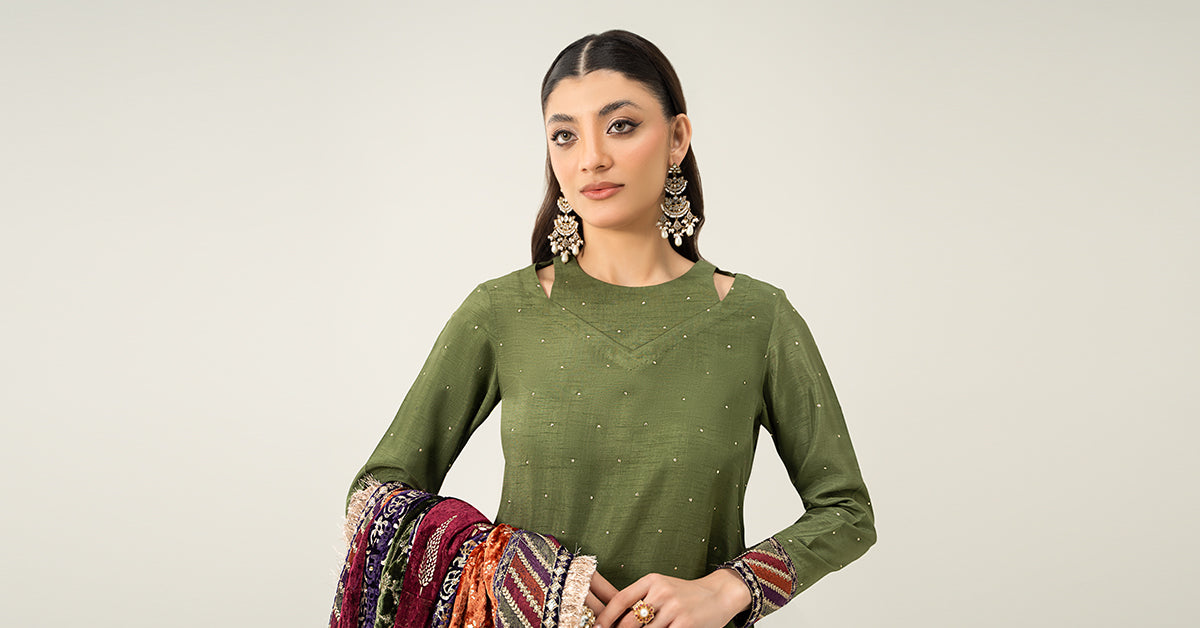 3 Piece Embroidered Raw Silk Suit