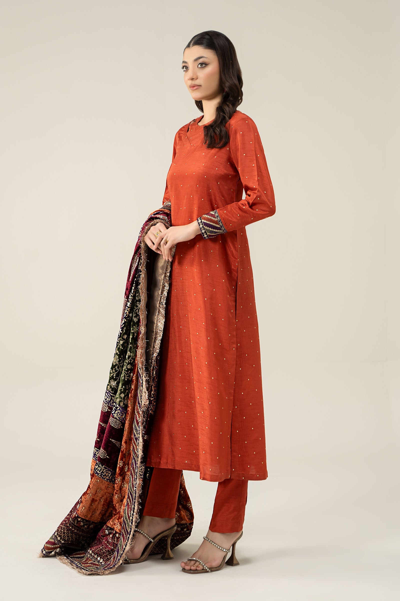 3 Piece Embroidered Raw Silk Suit