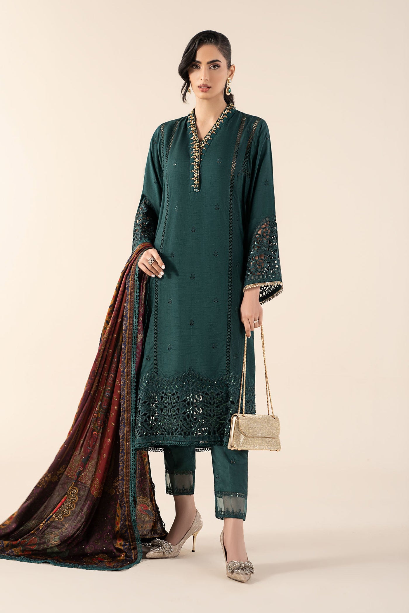 3 Piece Embroidered Raw Silk Suit