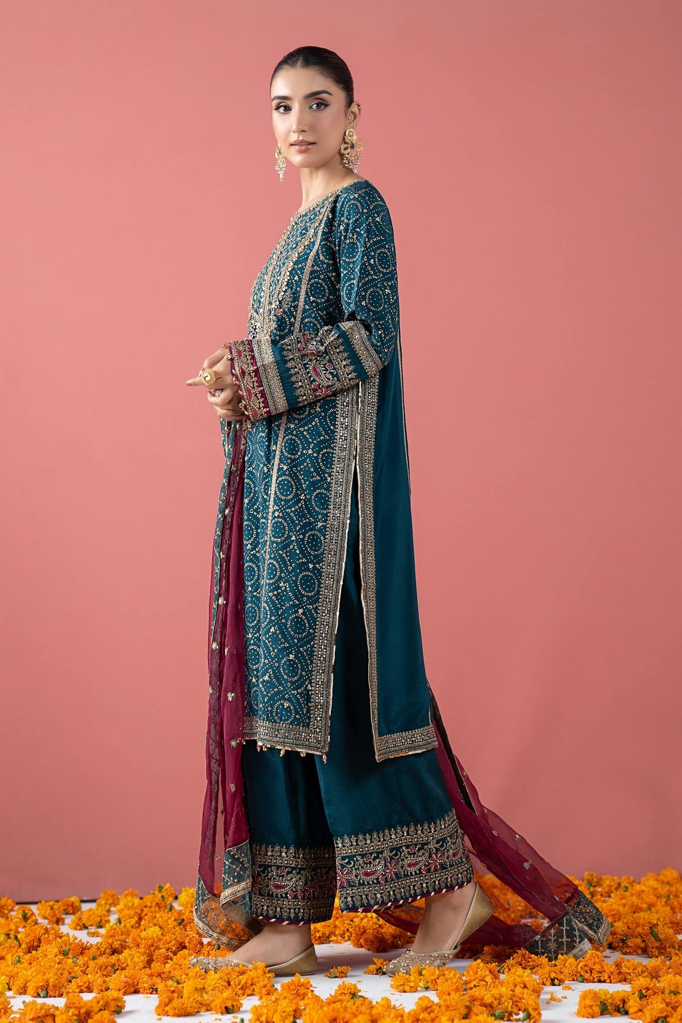 3 Piece Embroidered Raw Silk Suit
