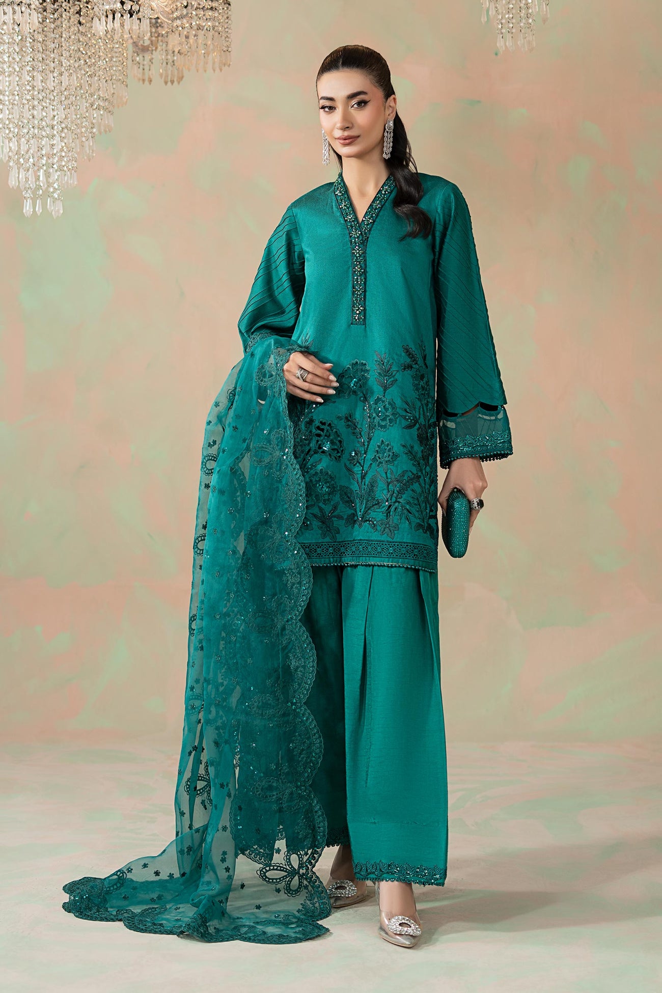 3 Piece Embroidered Silk Net Suit