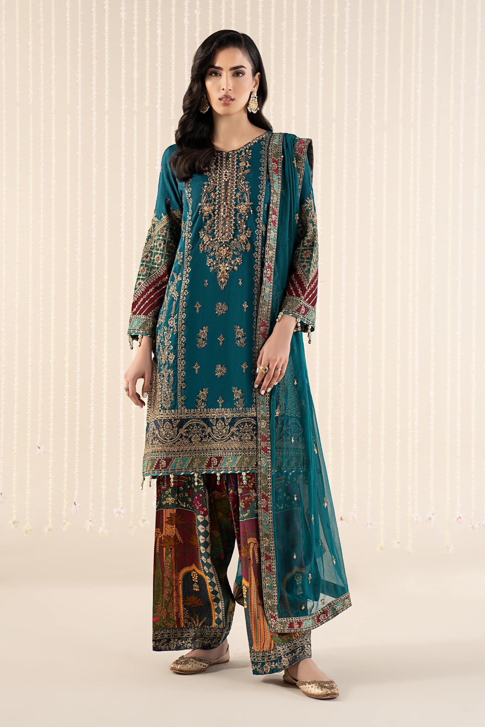 3 Piece Embroidered Raw Silk Suit