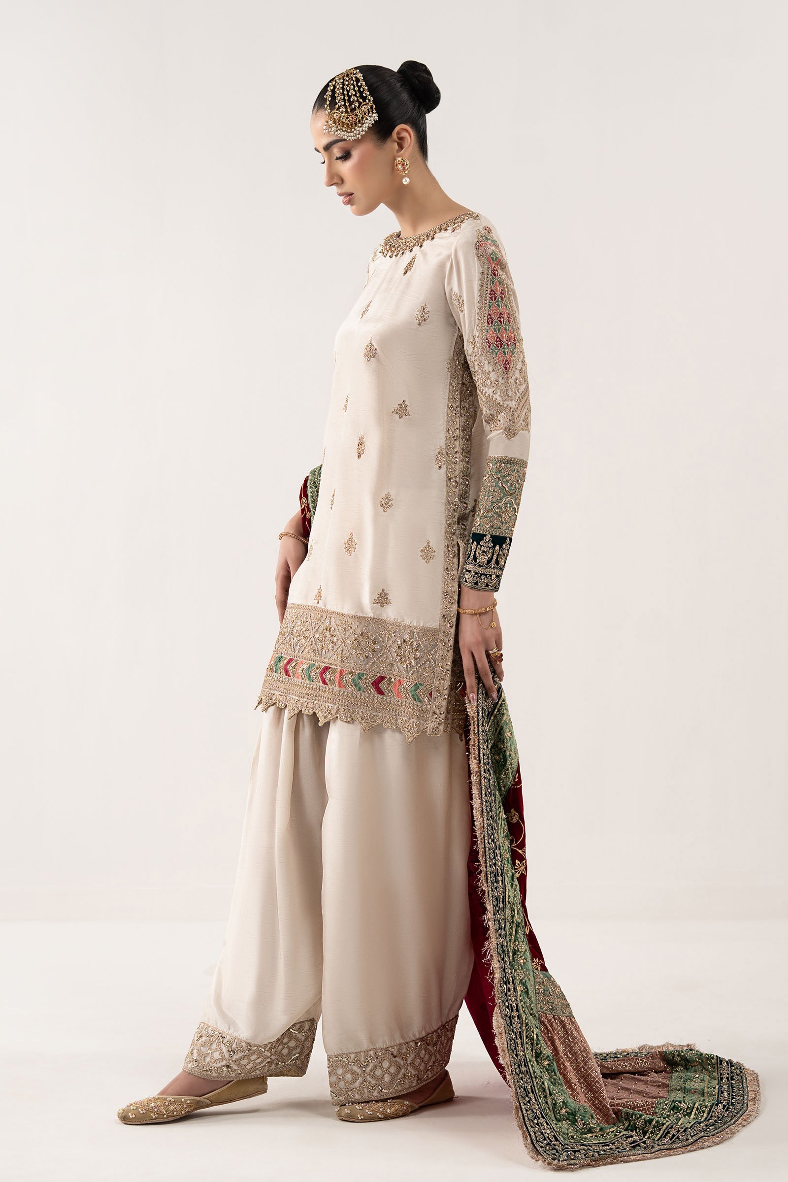 3 Piece Embroidered Raw Silk Suit