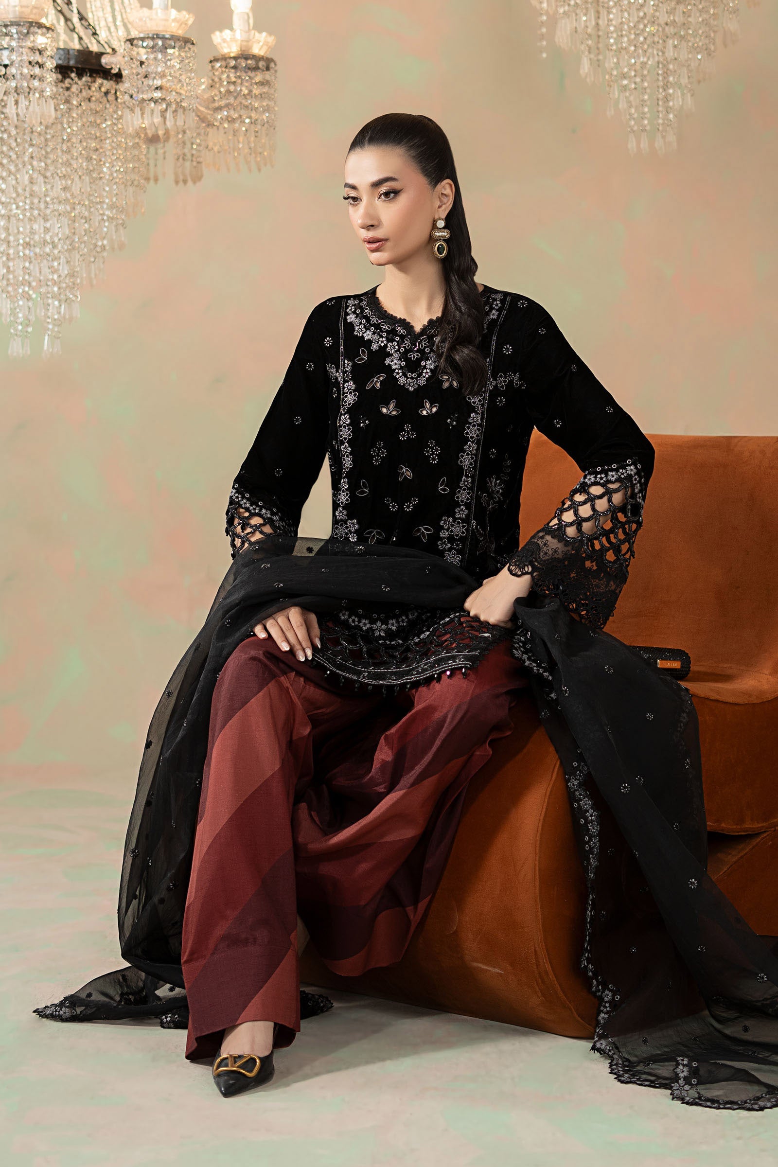 3 Piece Embroidered Velvet Suit