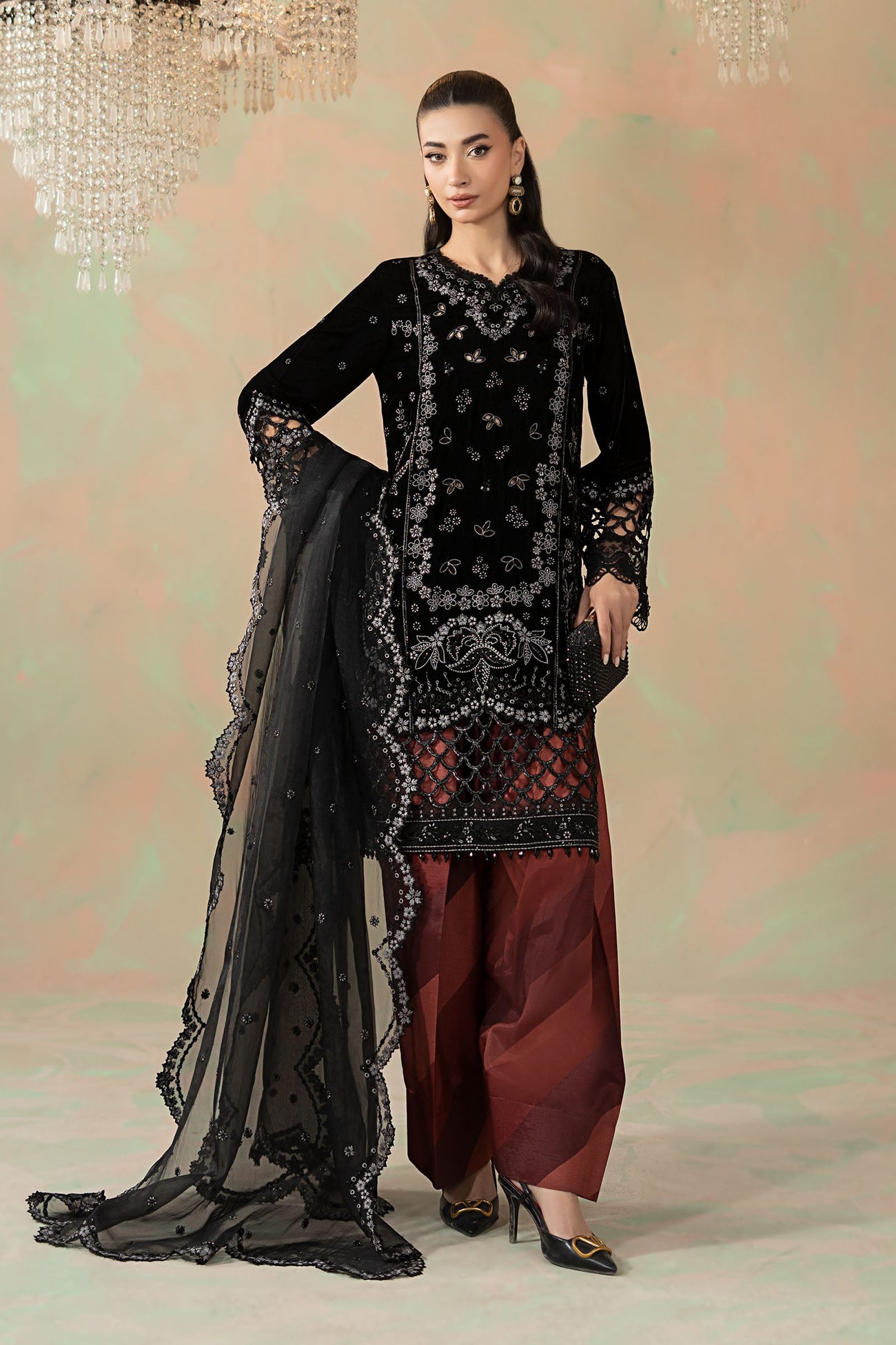 3 Piece Embroidered Velvet Suit