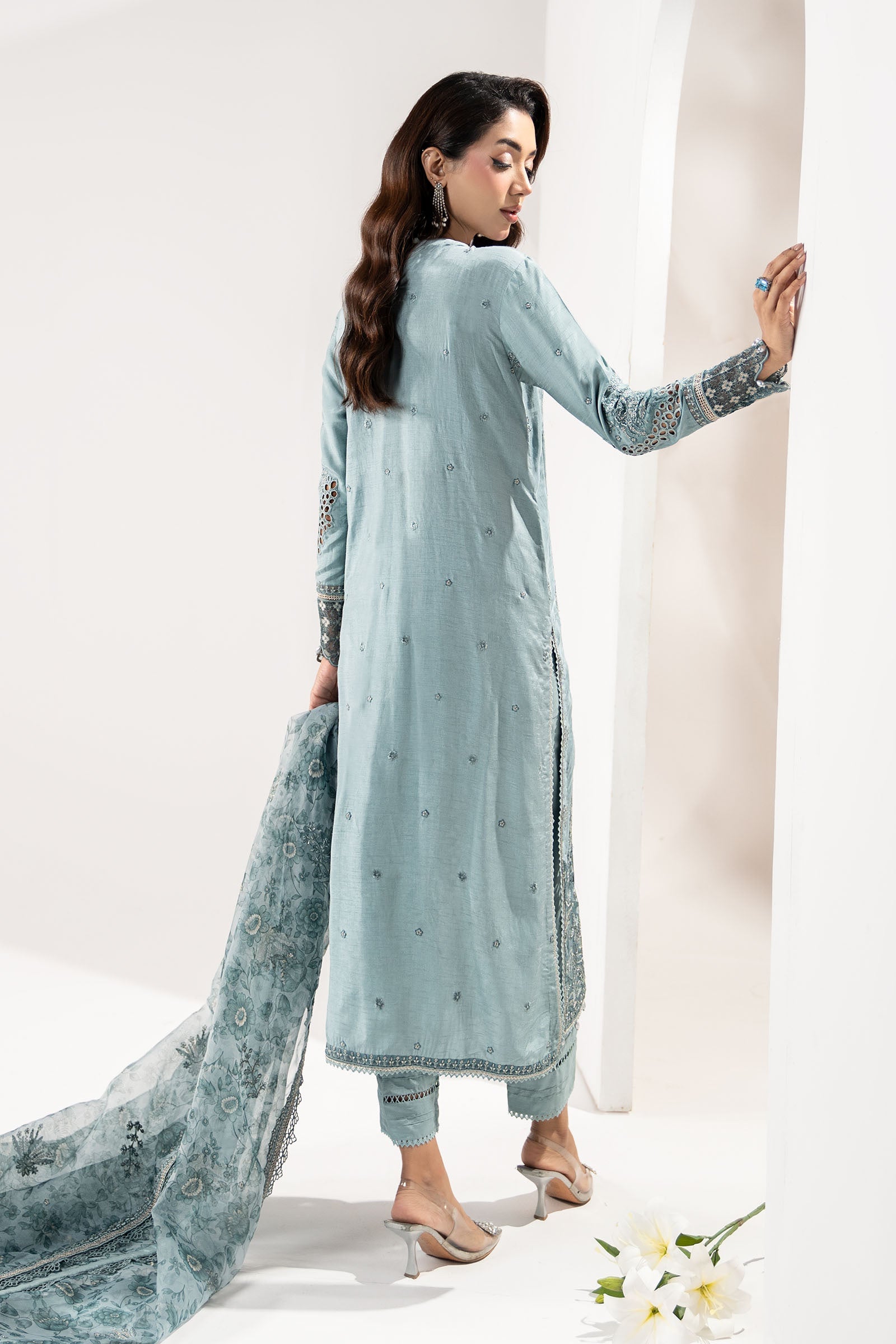 3 Piece Embroidered Raw Silk Suit