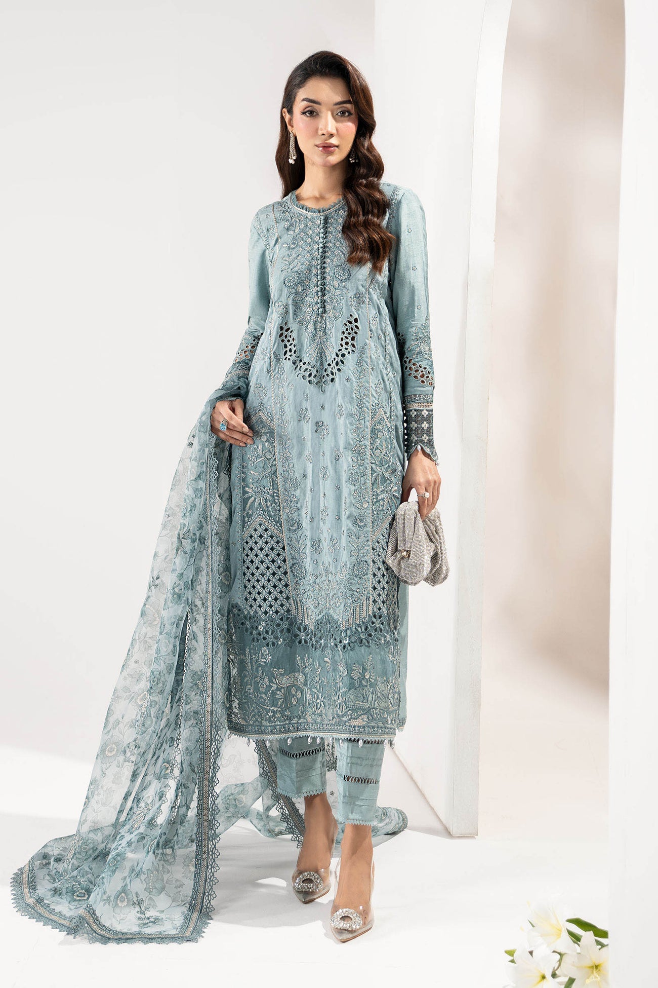 3 Piece Embroidered Raw Silk Suit
