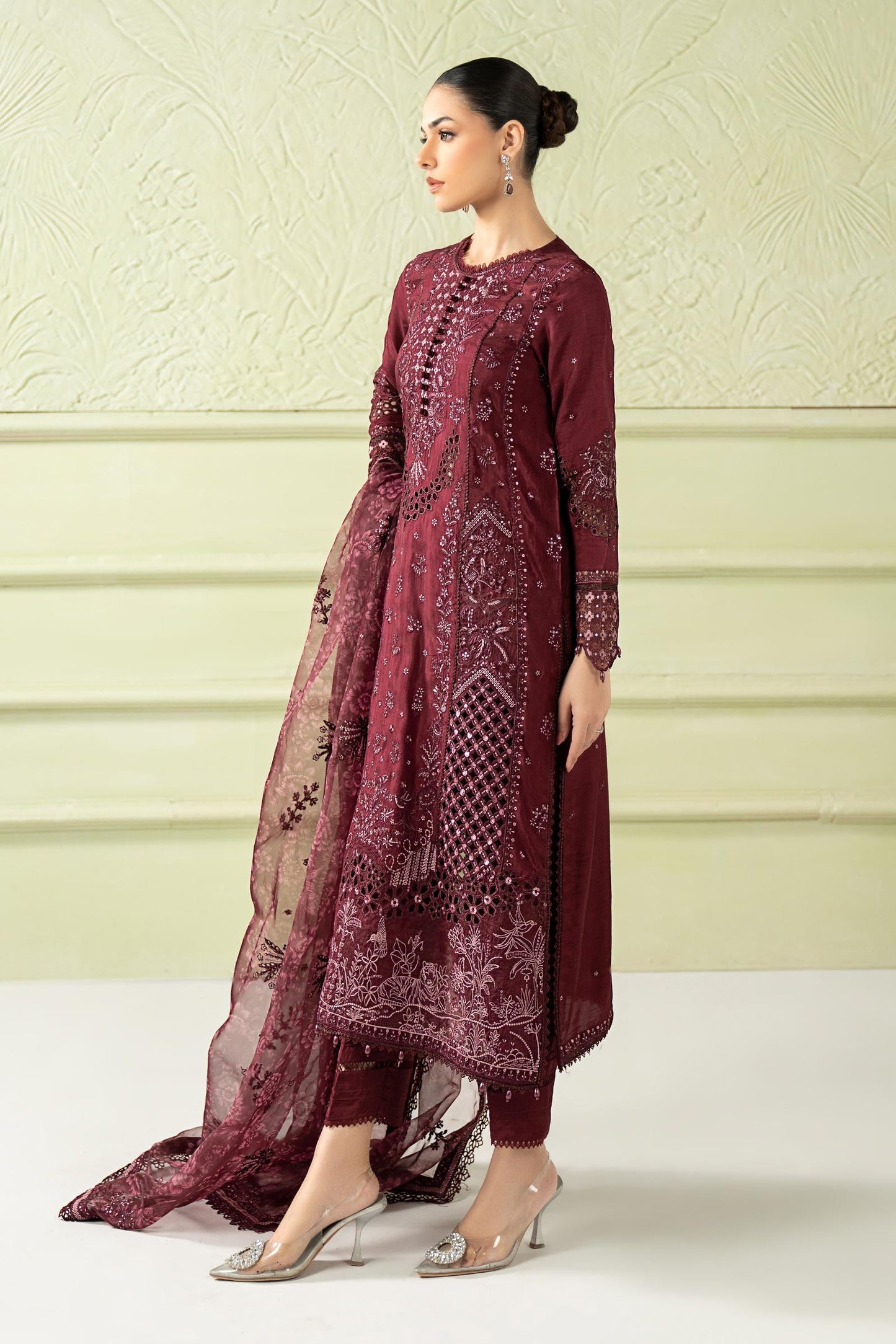 3 Piece Embroidered Raw Silk Suit