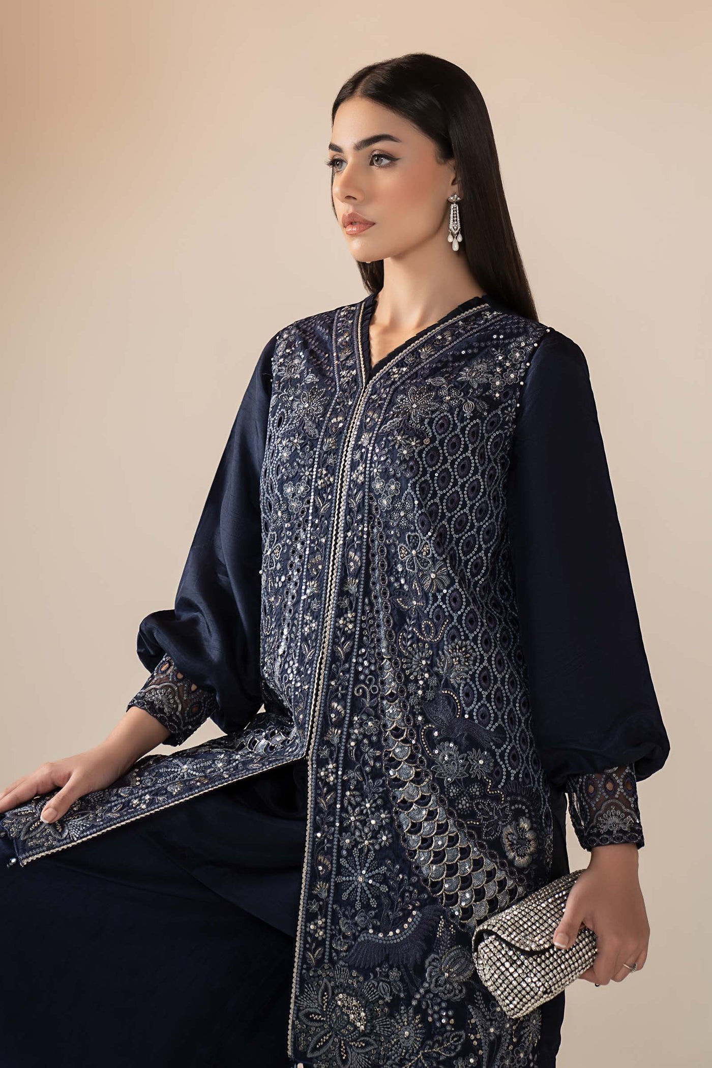 3 Piece Embroidered Raw Silk Suit