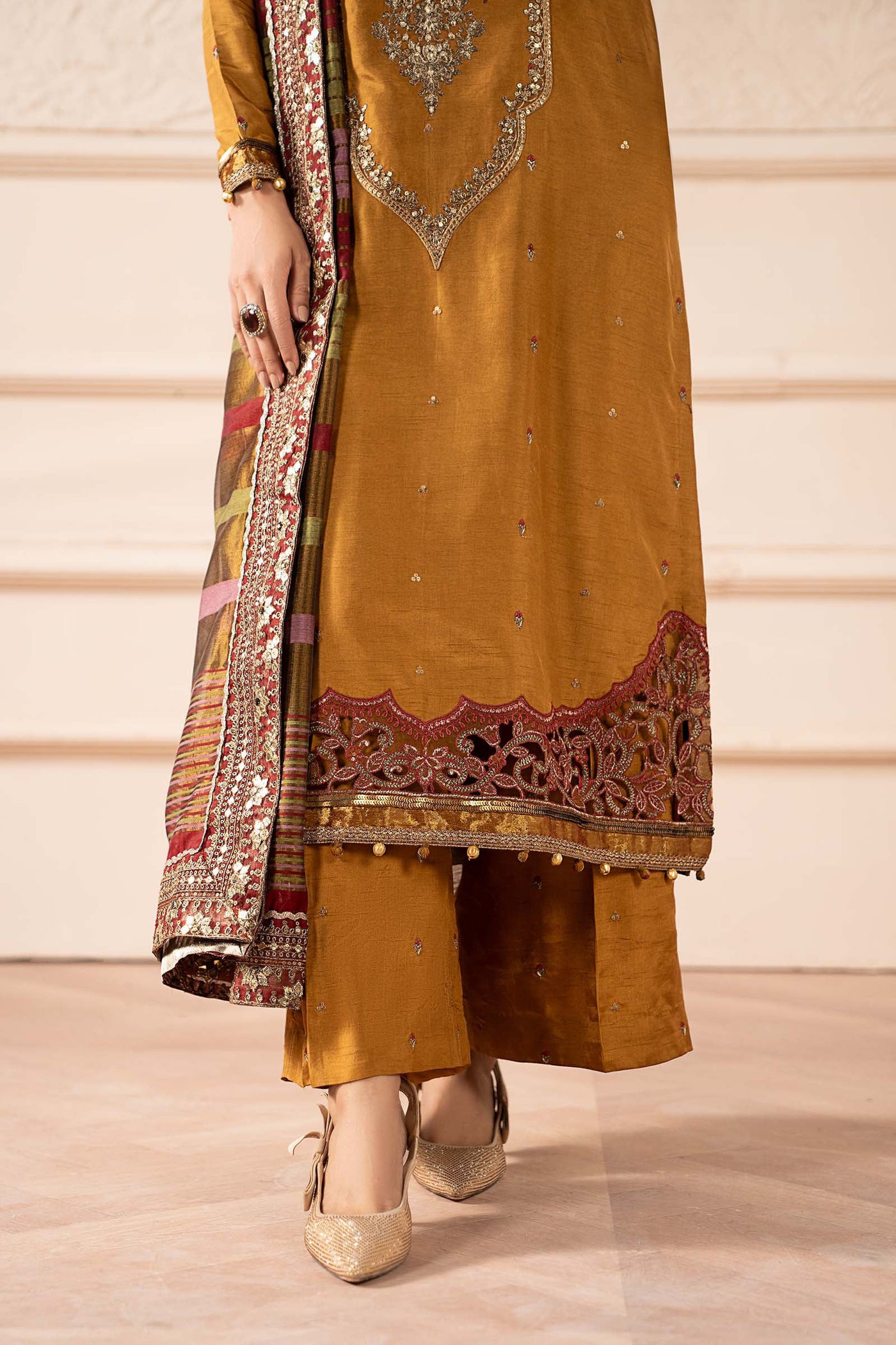 3 Piece Embroidered Raw Silk Suit