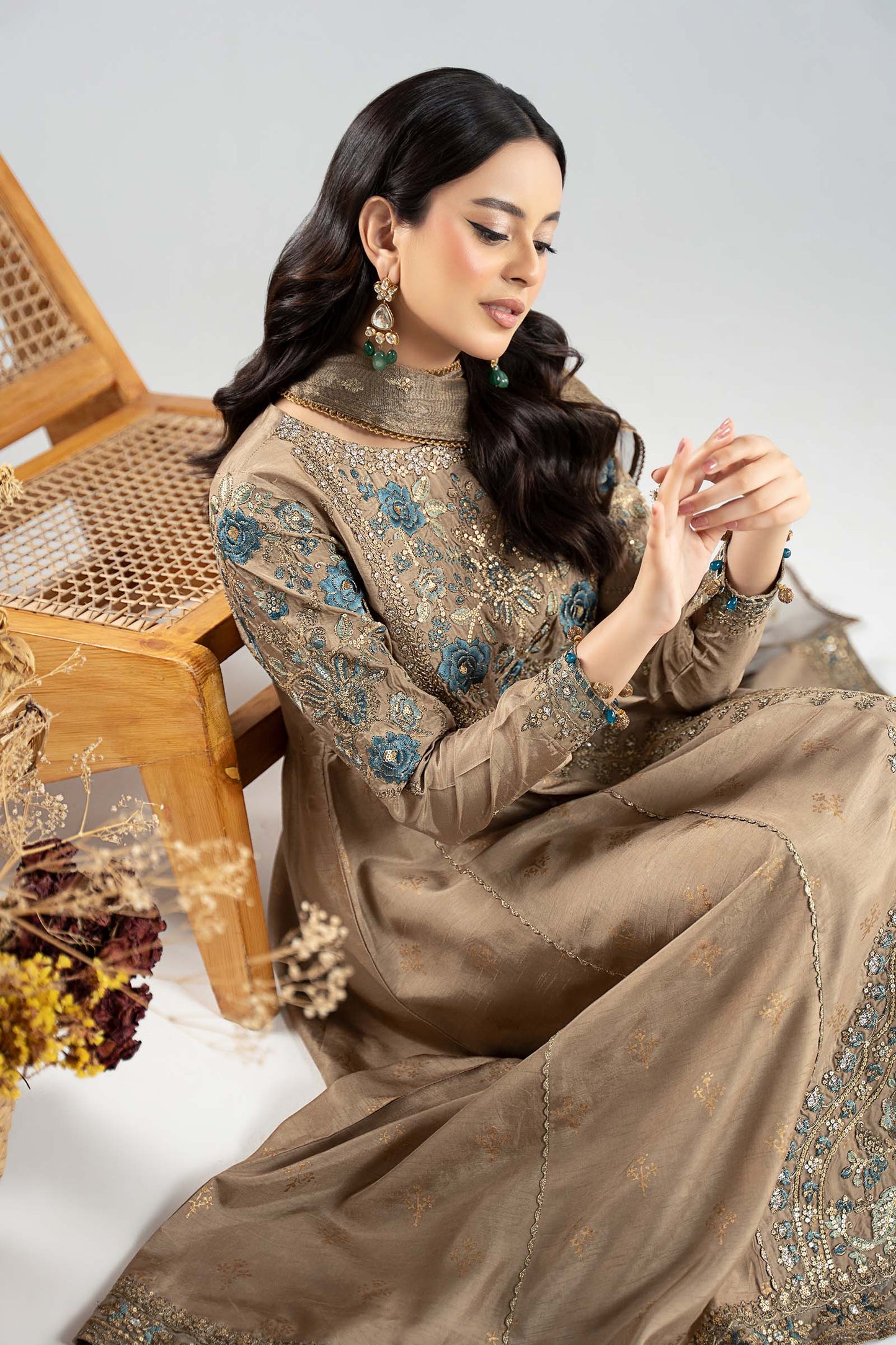 3 Piece Embroidered Raw Silk Suit