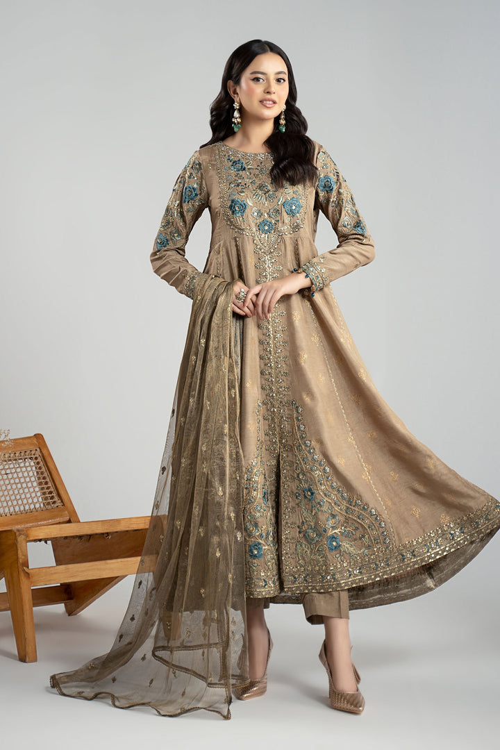 3 Piece Embroidered Raw Silk Suit All Products SFW2594-ESM-COF