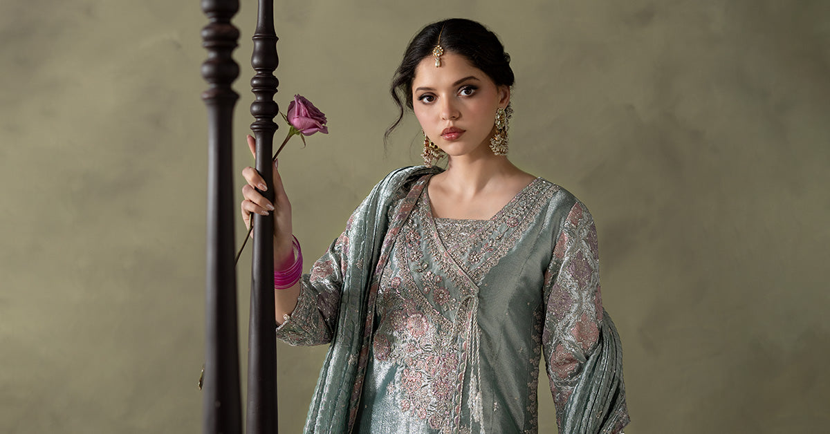 3 Piece Embroidered Zari Tissue Suit