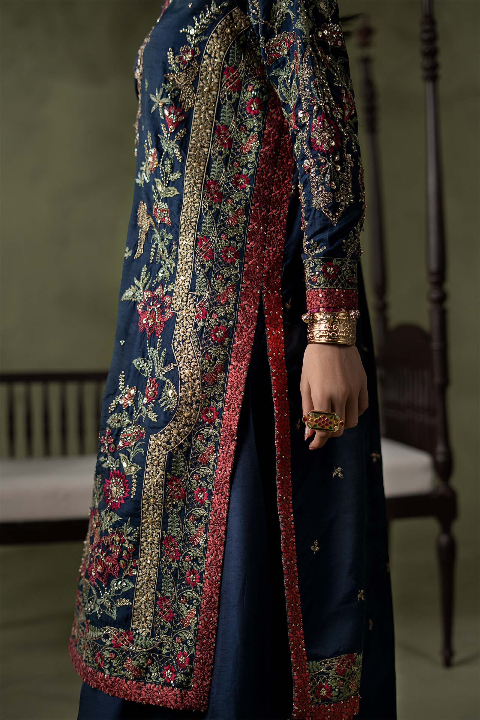 3 Piece Embellished Raw Silk Suit