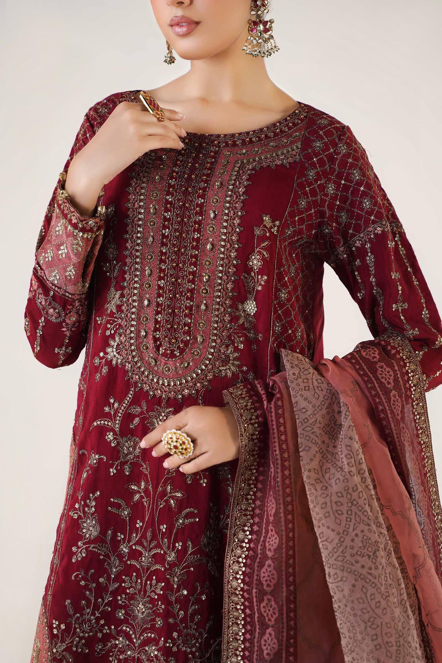 3 Piece Embroidered Raw Silk Suit