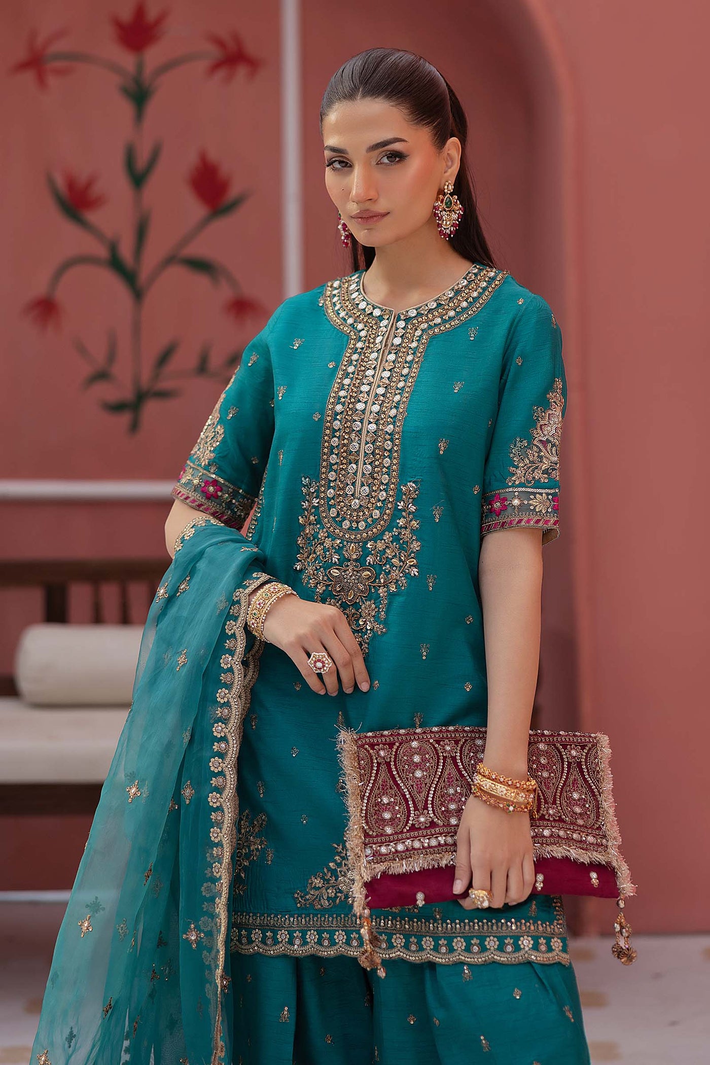 3 Piece Embroidered Raw Silk Suit | SF-EF25-63