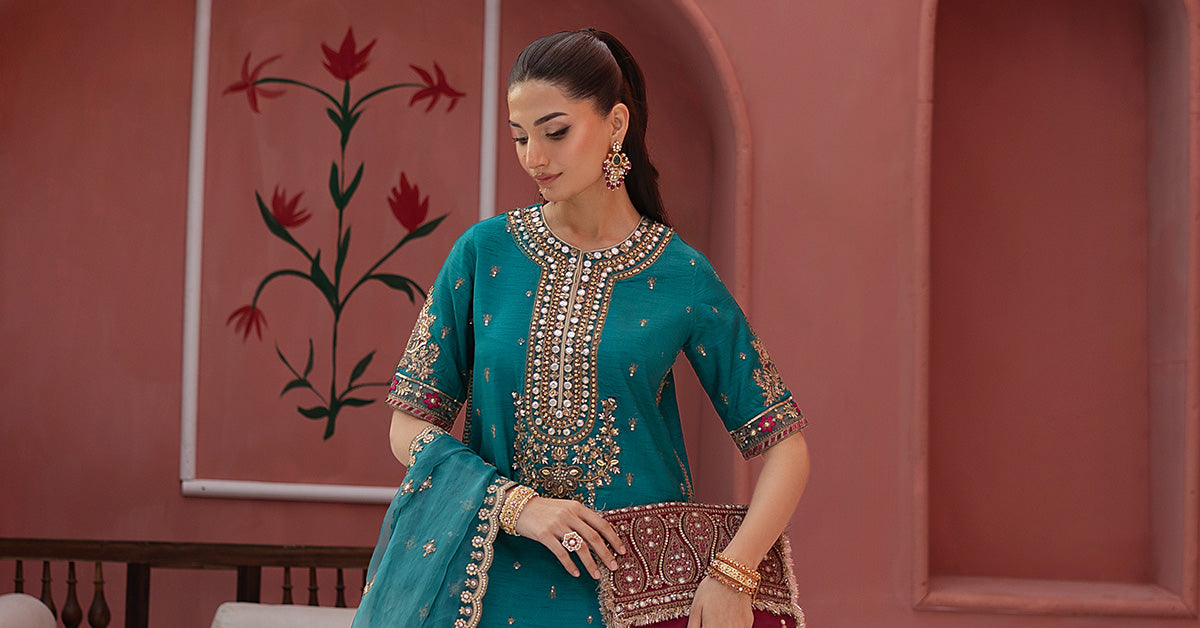 3 Piece Embroidered Raw Silk Suit | SF-EF25-63