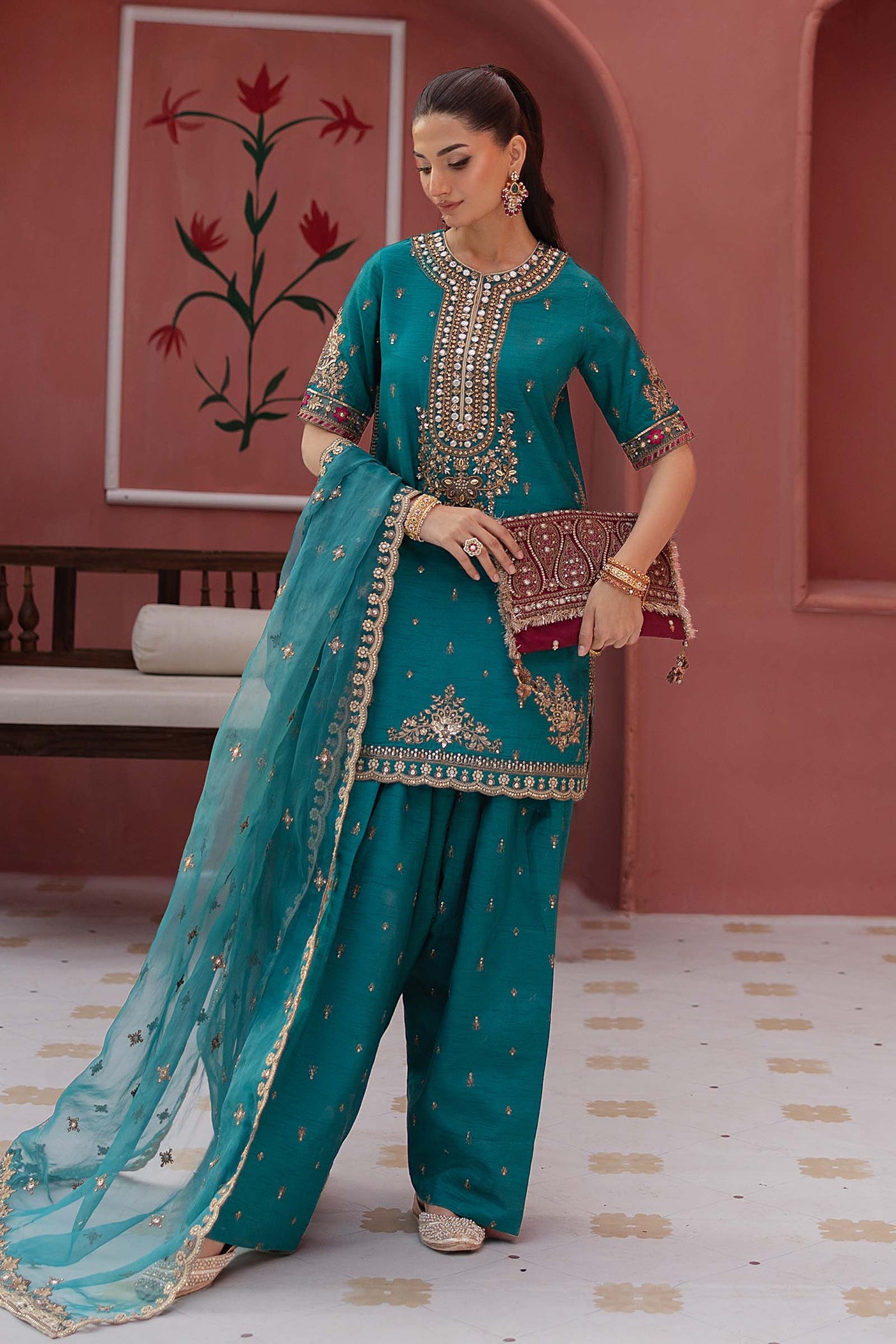 3 Piece Embroidered Raw Silk Suit | SF-EF25-63