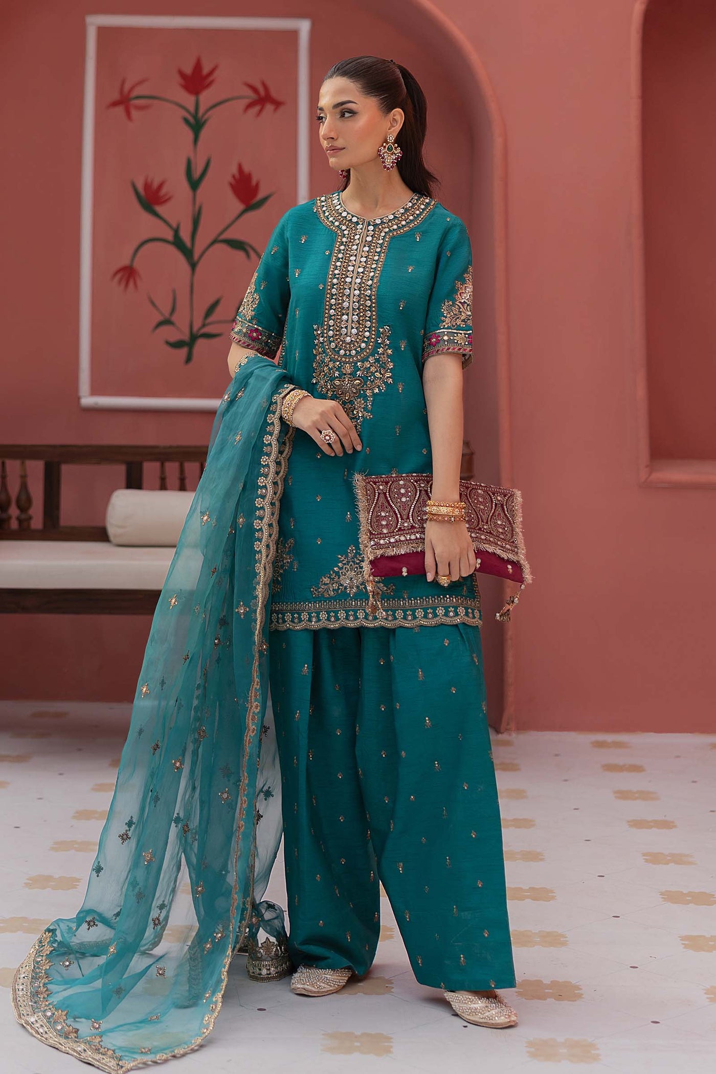 3 Piece Embroidered Raw Silk Suit | SF-EF25-63