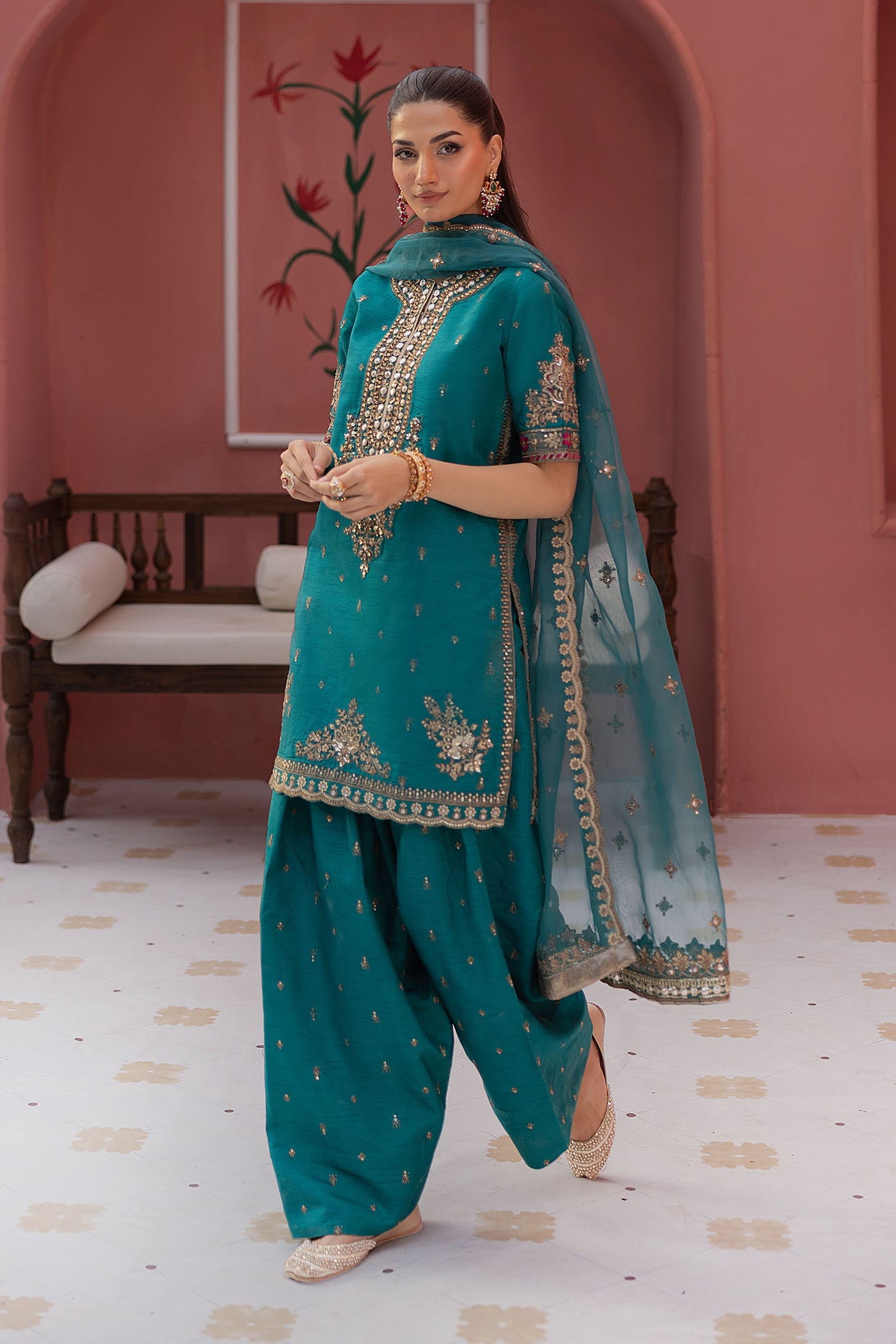 3 Piece Embroidered Raw Silk Suit | SF-EF25-63