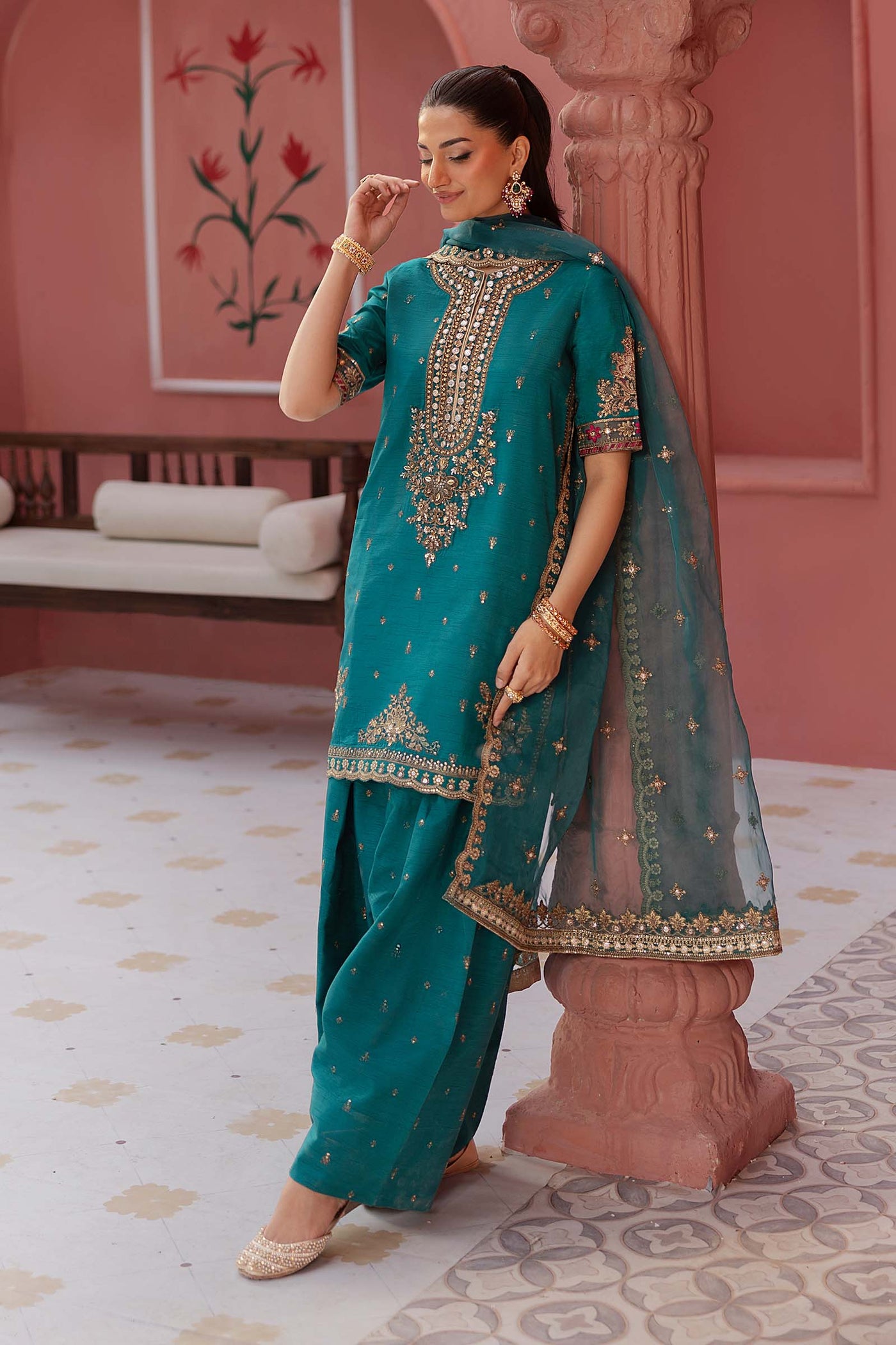 3 Piece Embroidered Raw Silk Suit | SF-EF25-63
