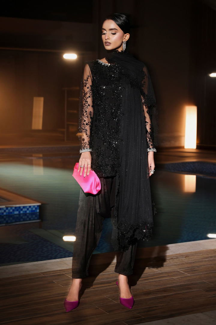 3 Piece Embroidered Net Suit All Products SFW2572-ESM-BLK