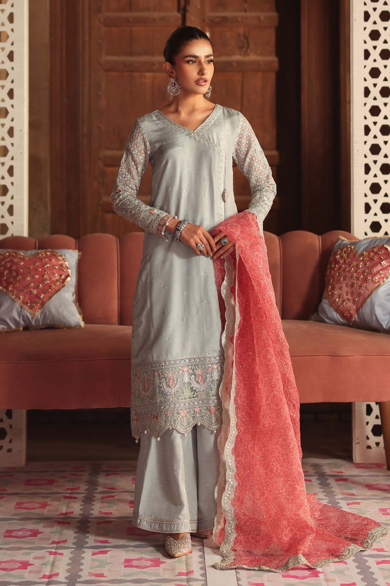 3 Piece Embroidered Raw Silk Suit
