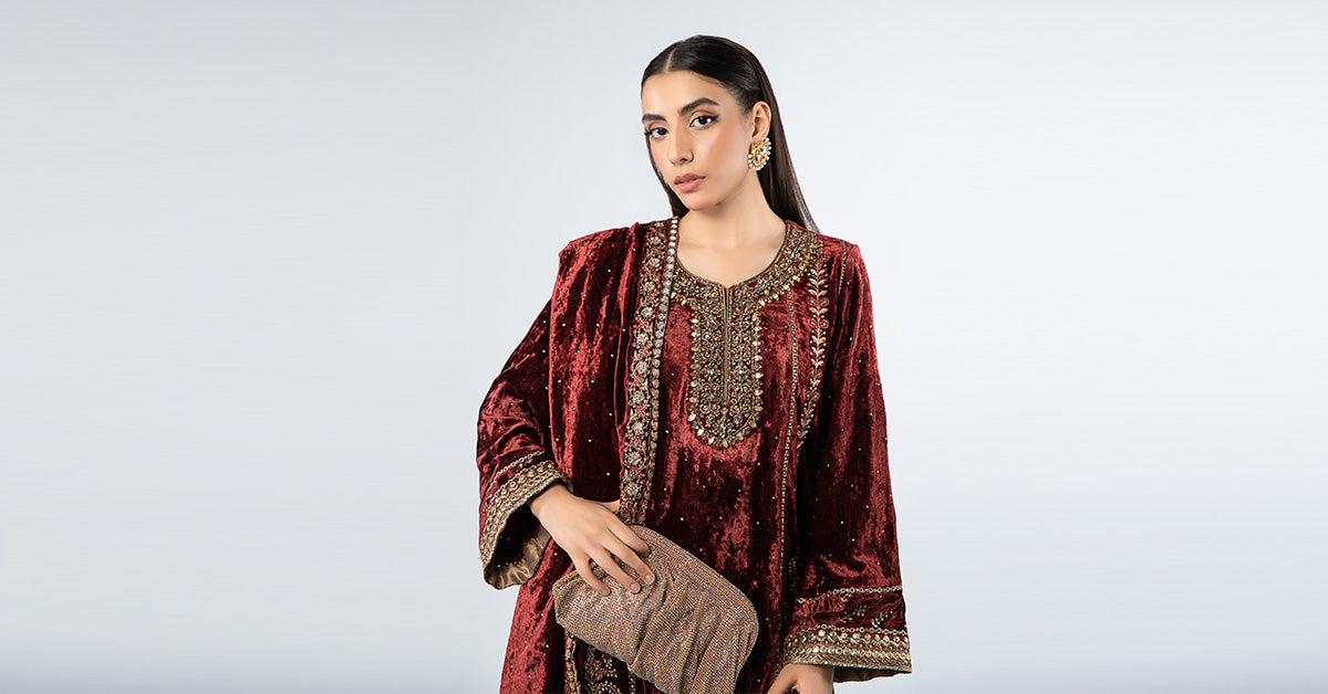 3 Piece Embroidered Velvet Suit